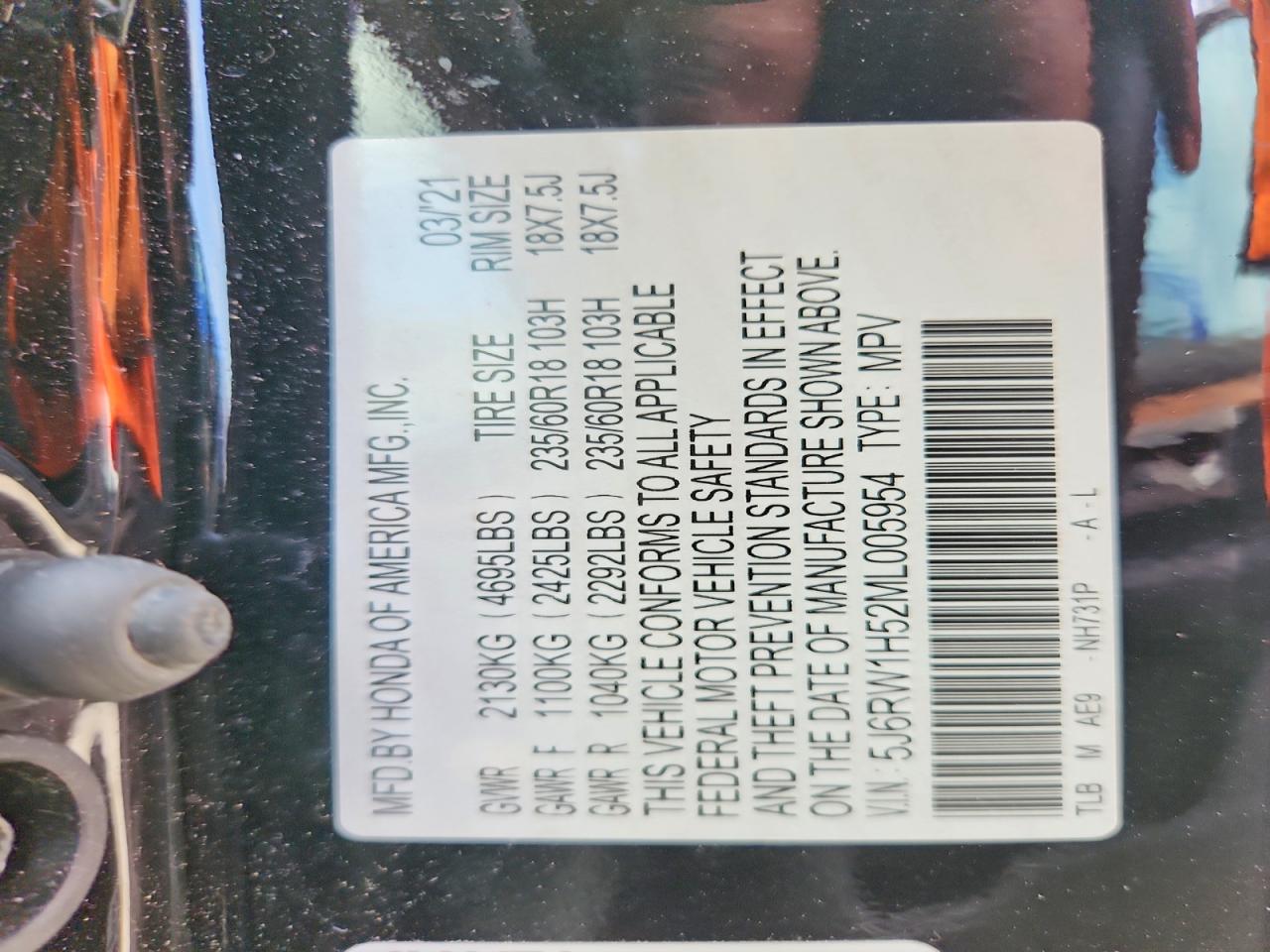 2021 Honda Cr-v Ex Black vin: 5J6RW1H52ML005954