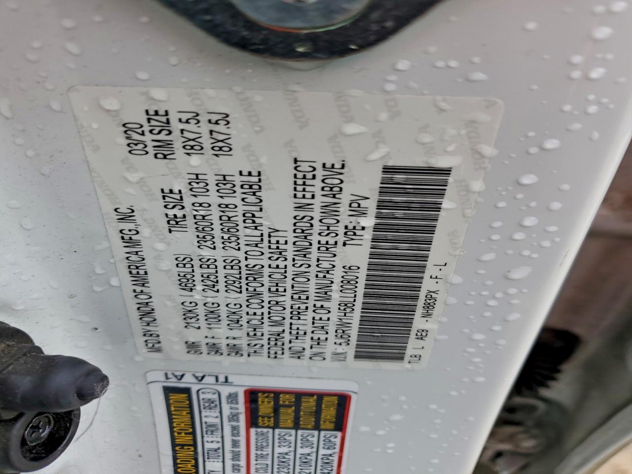 2020 Honda Cr-v Ex White vin: 5J6RW1H58LL008016