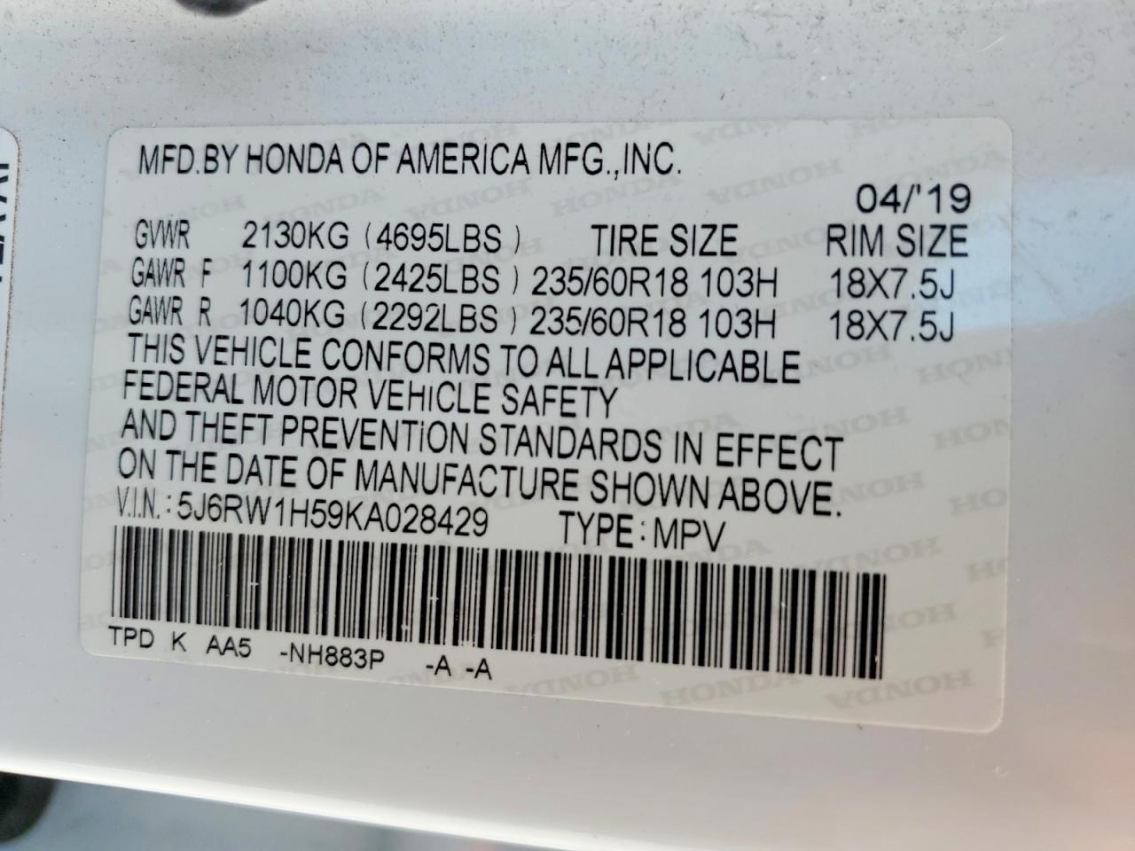 2019 Honda Cr-v Ex White vin: 5J6RW1H59KA028429