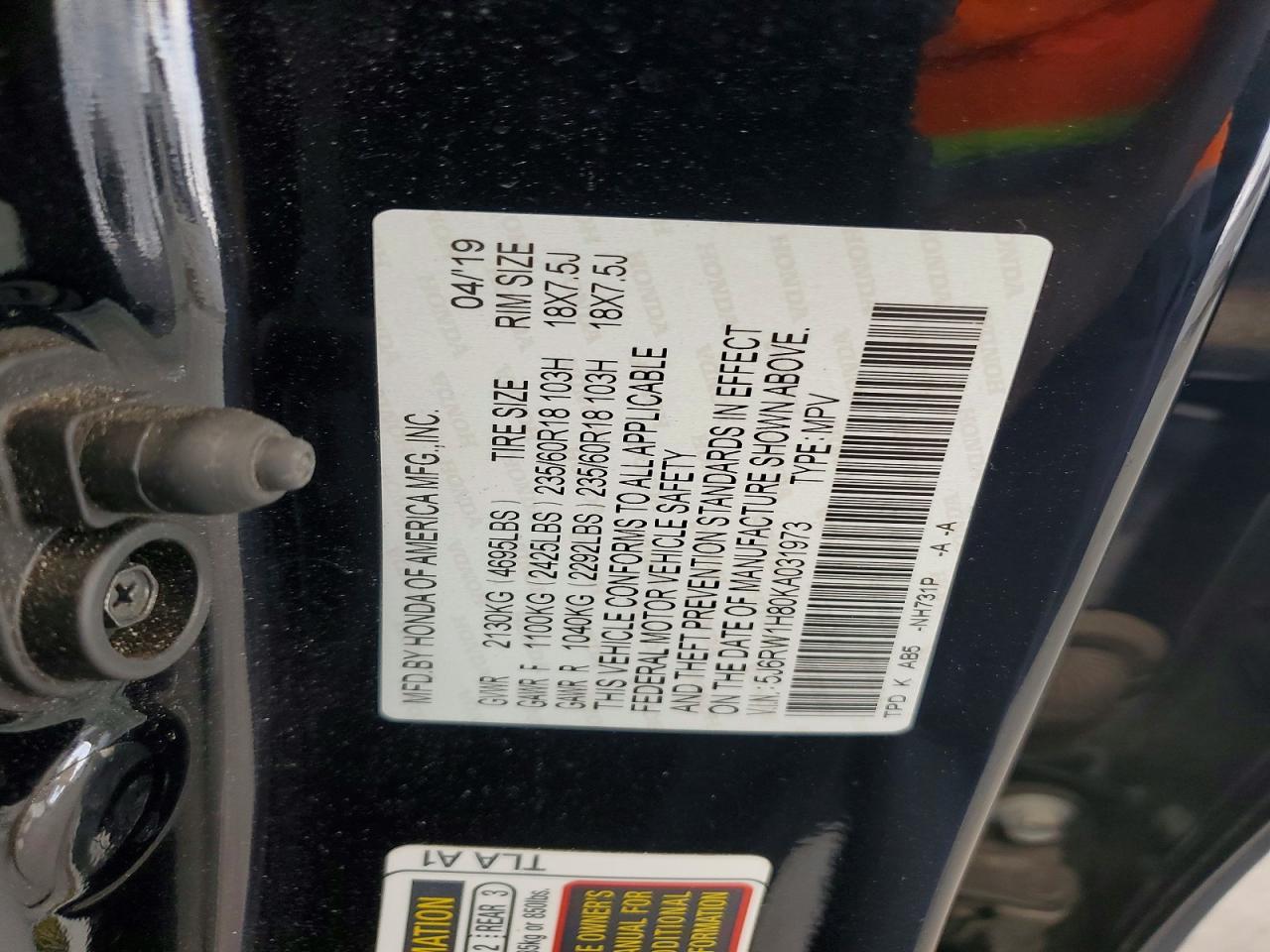 2019 Honda Cr-v Exl Black vin: 5J6RW1H80KA031973