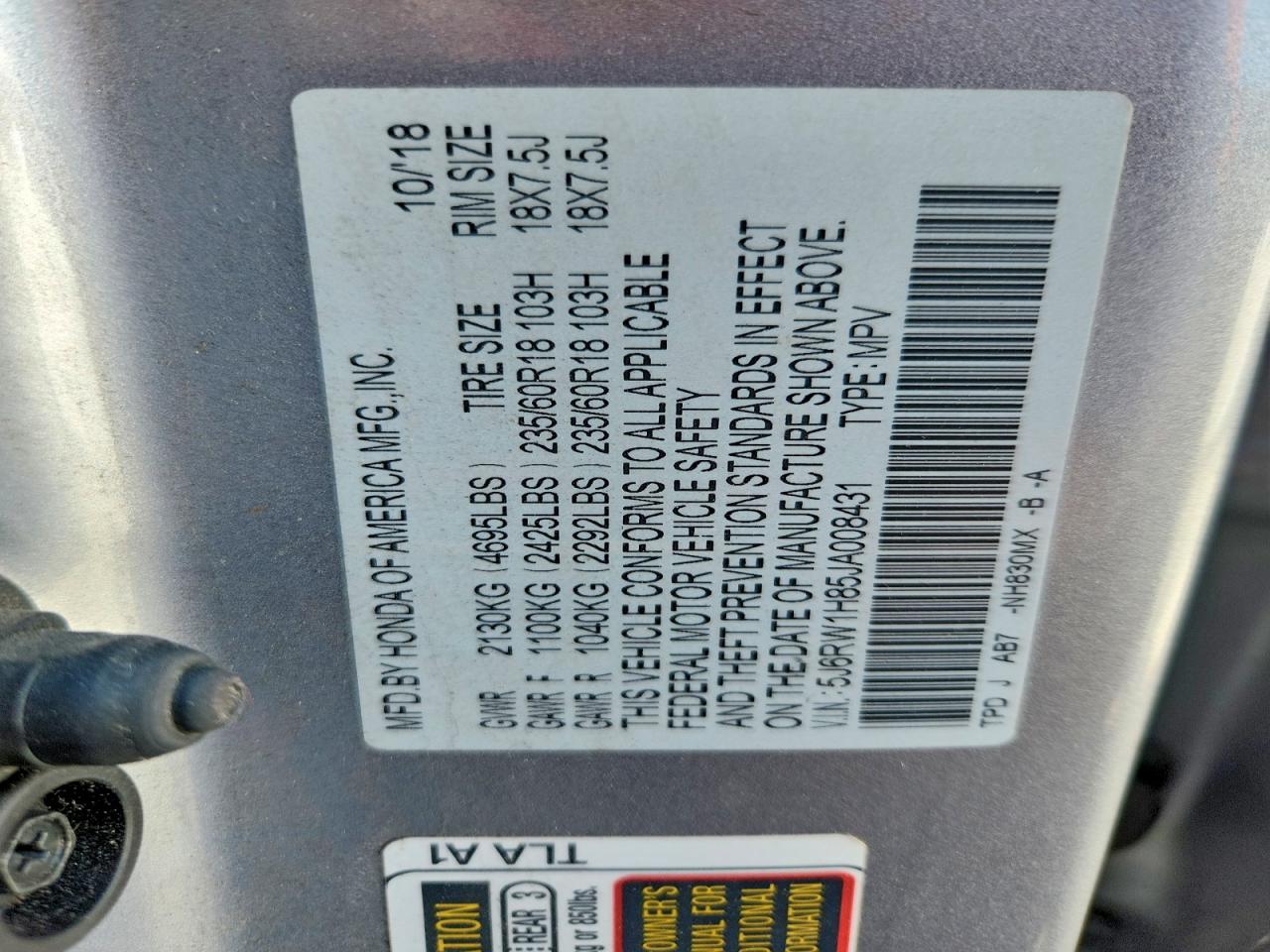 2018 Honda Cr-v Exl Silver vin: 5J6RW1H85JA008431
