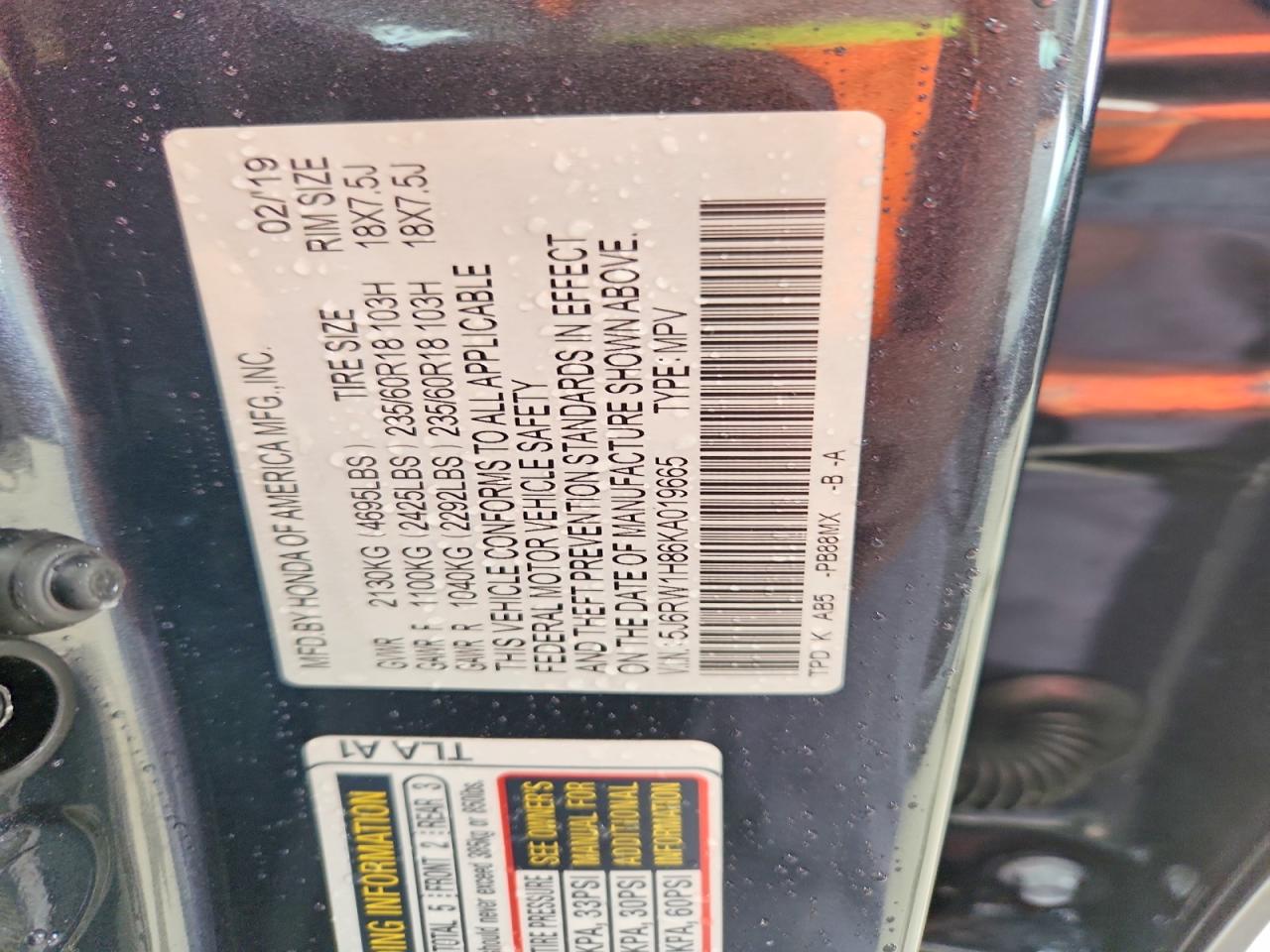 2019 Honda Cr-v Ex-l Gray vin: 5J6RW1H86KA019665