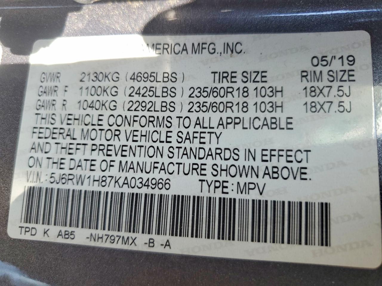 2019 Honda Cr-v Exl Gray vin: 5J6RW1H87KA034966