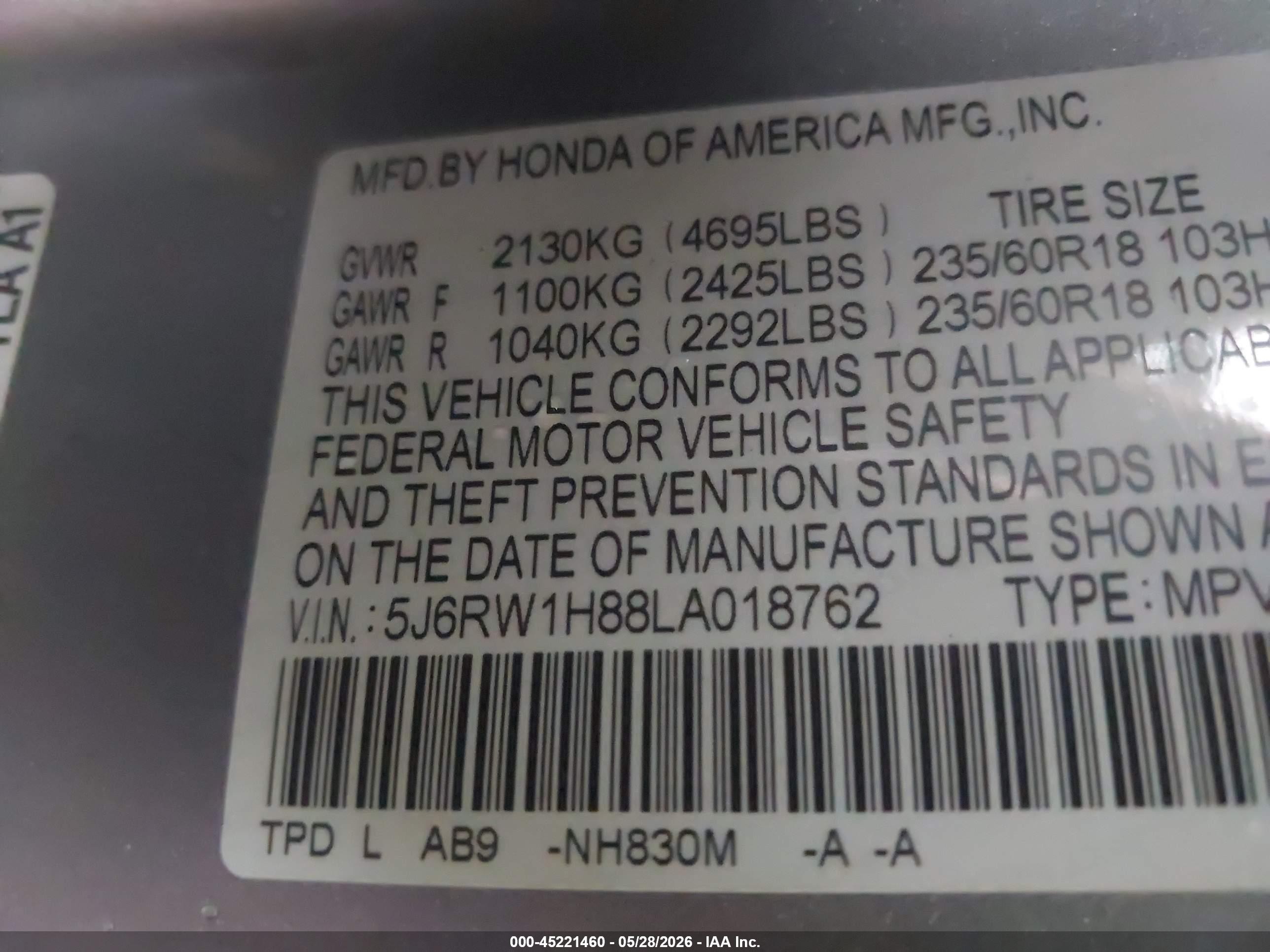 2020 Honda Cr-v 2wd Ex-l Gray vin: 5J6RW1H88LA018762