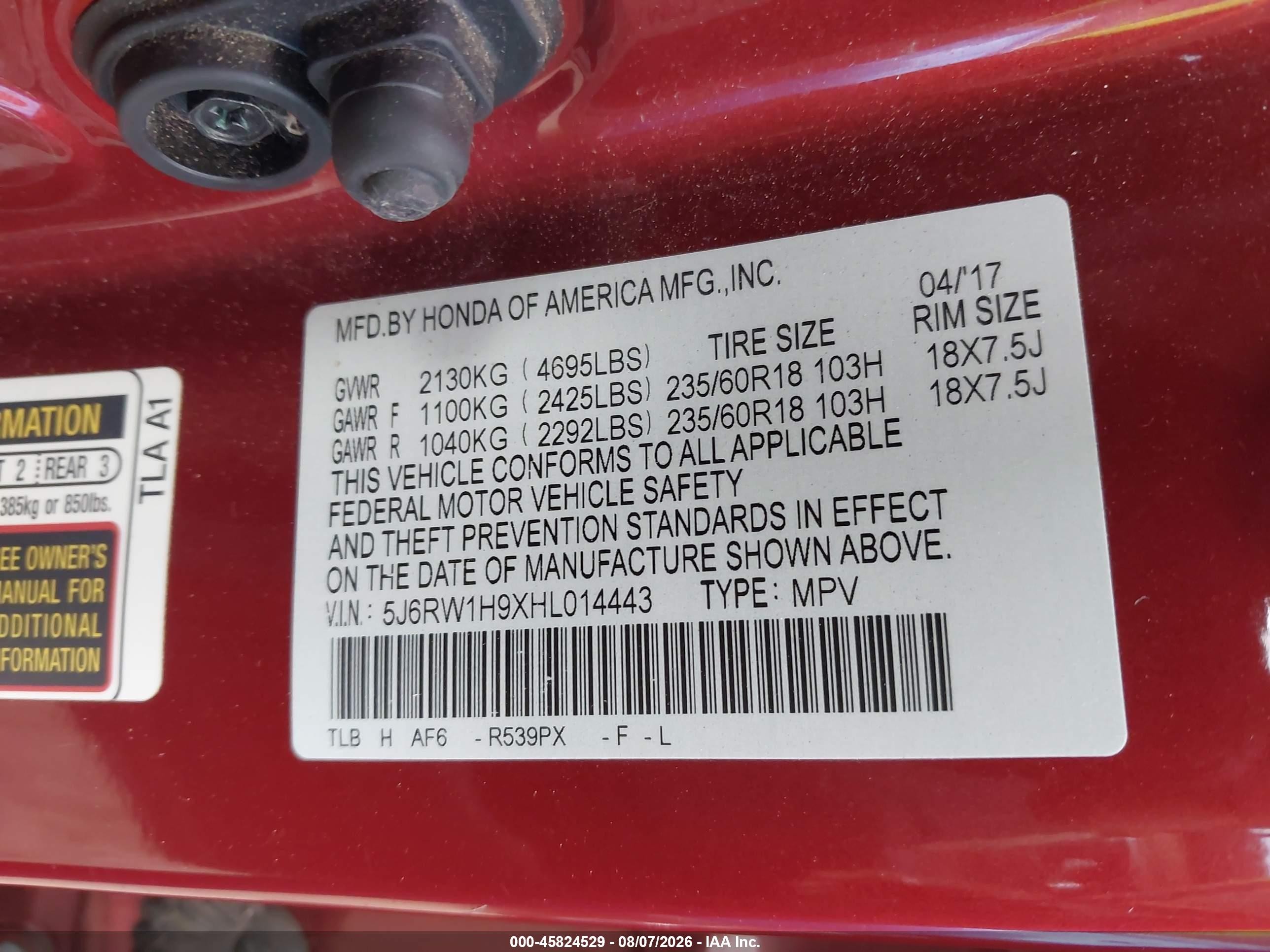 2017 Honda Cr-v Touring Red vin: 5J6RW1H9XHL014443