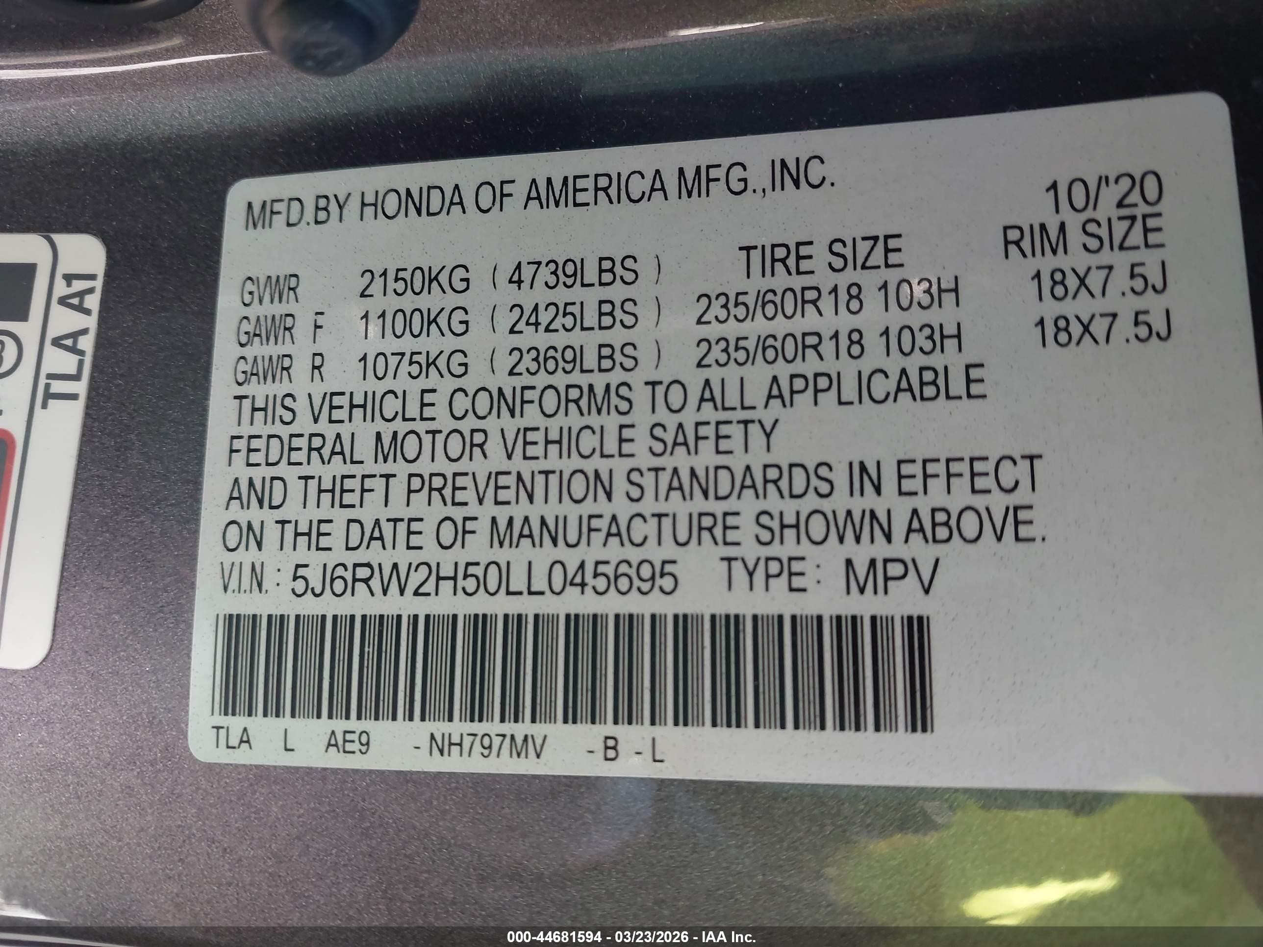 2020 Honda Cr-v Awd Ex Gray vin: 5J6RW2H50LL045695