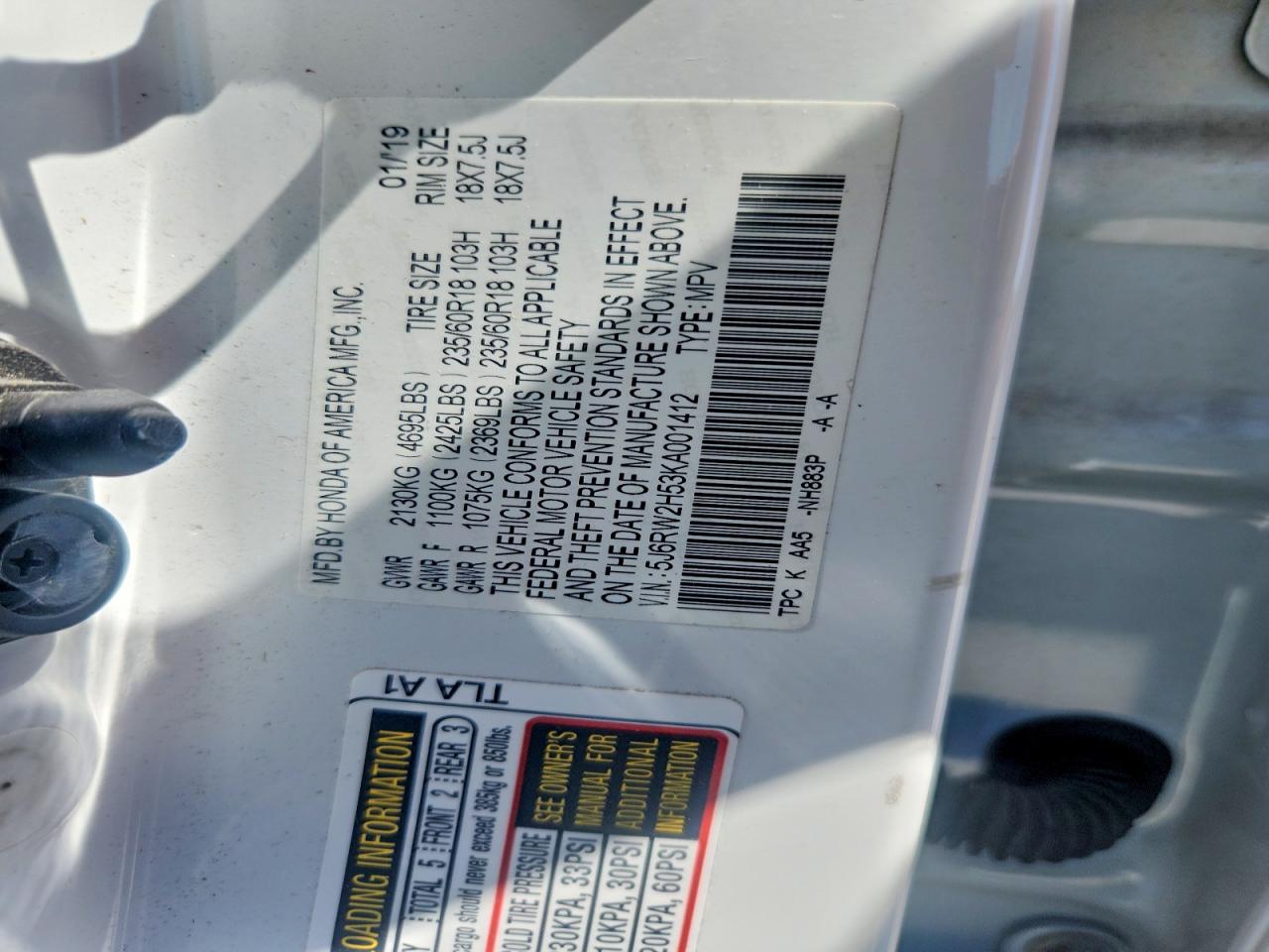 2019 Honda Cr-v Ex White vin: 5J6RW2H53KA001412