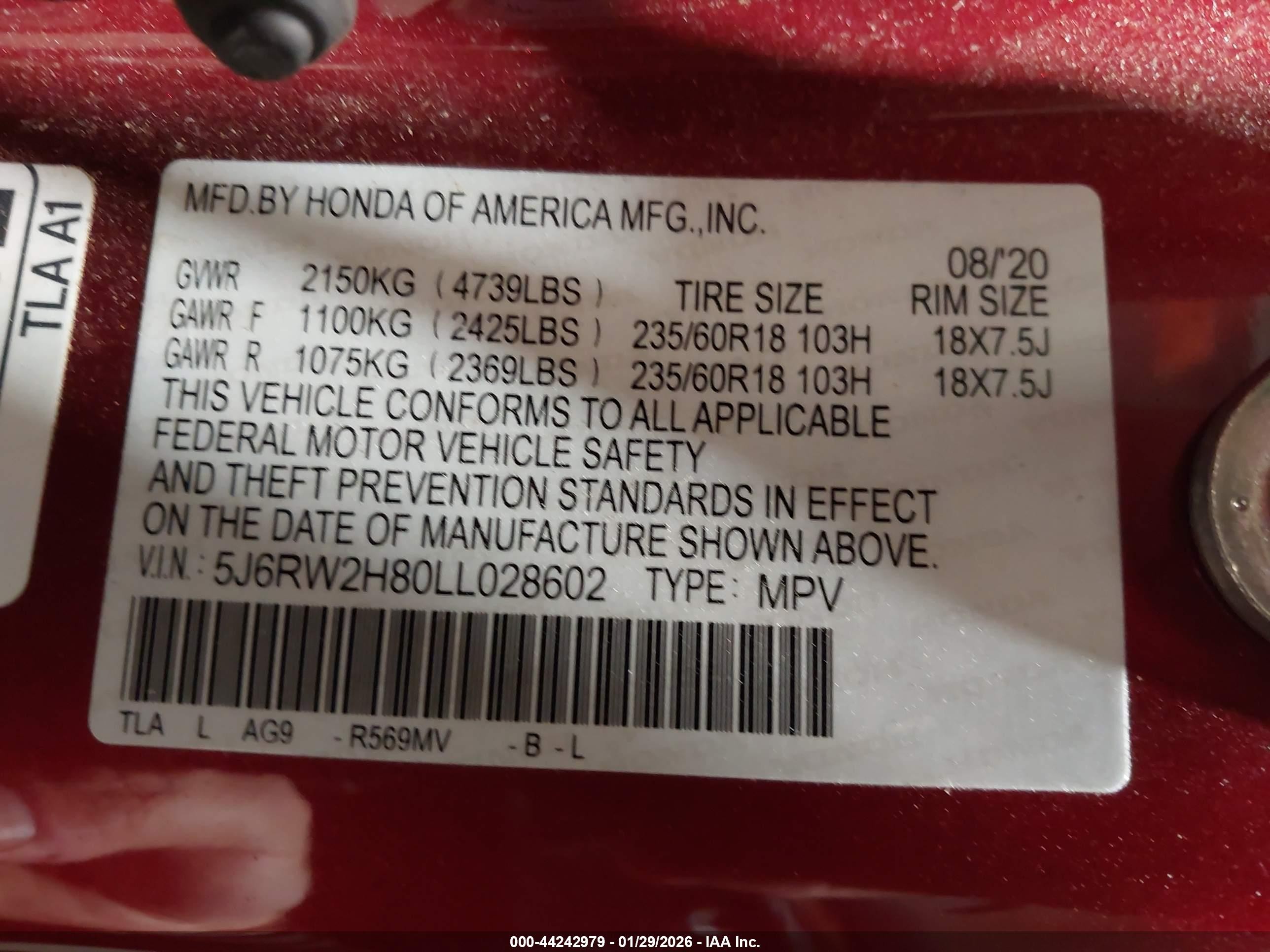2020 Honda Cr-v Awd Ex-l Red vin: 5J6RW2H80LL028602