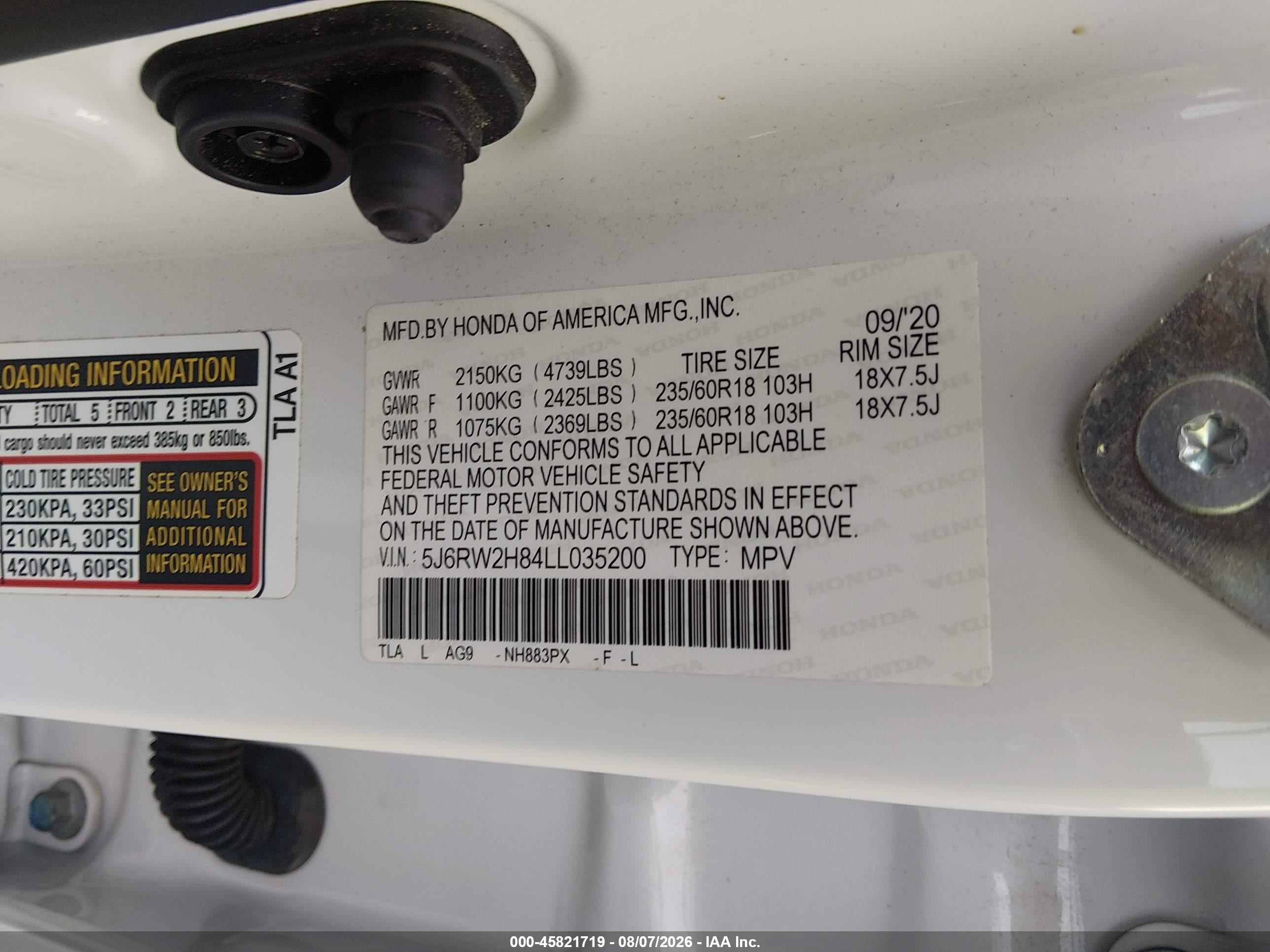 2020 Honda Cr-v Awd Ex-l White vin: 5J6RW2H84LL035200