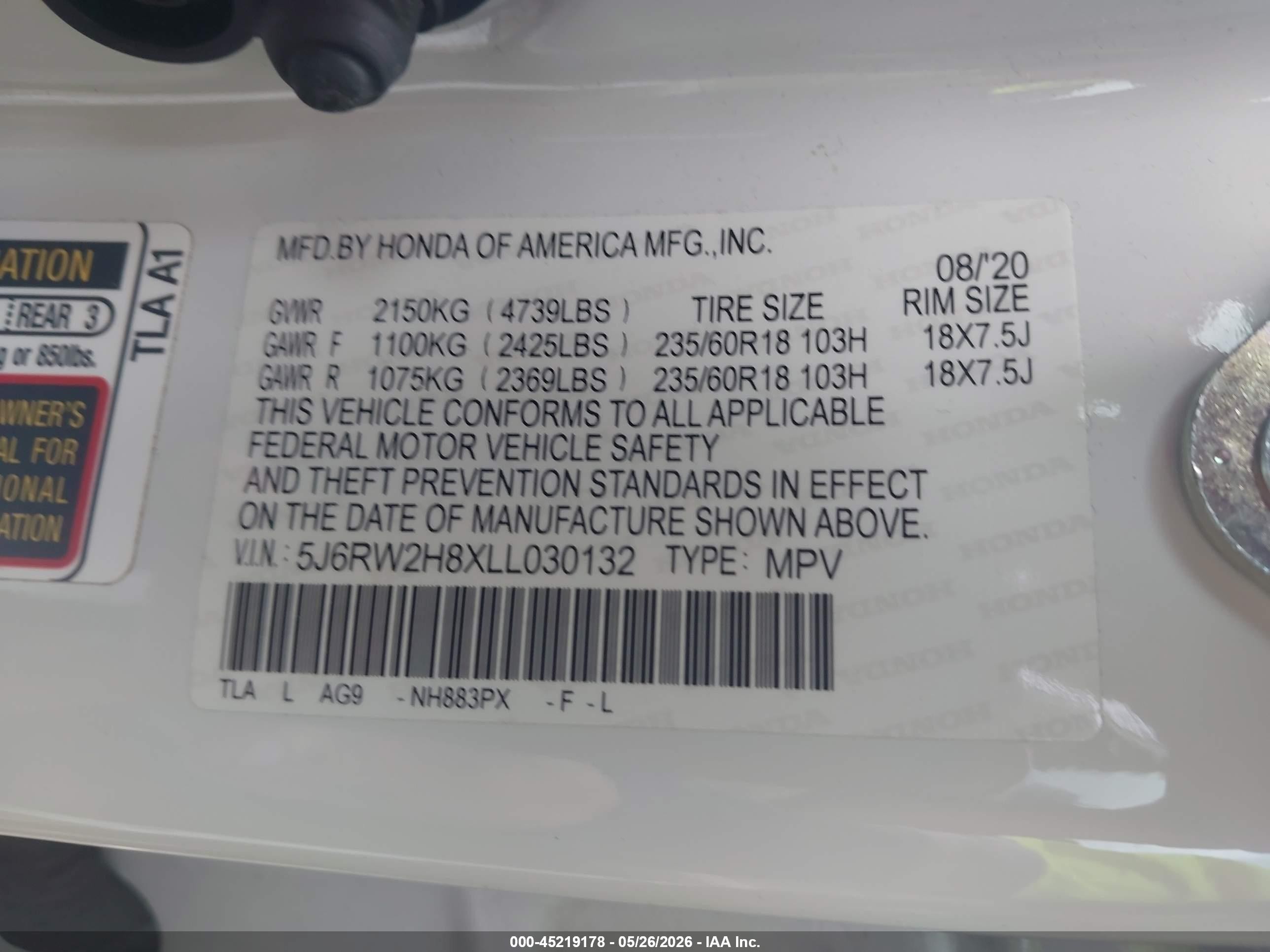 2020 Honda Cr-v Awd Ex-l White vin: 5J6RW2H8XLL030132