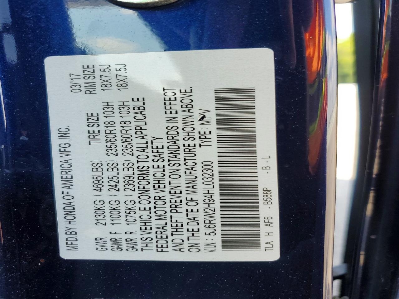 2017 Honda Cr-v Touring Blue vin: 5J6RW2H94HL032300