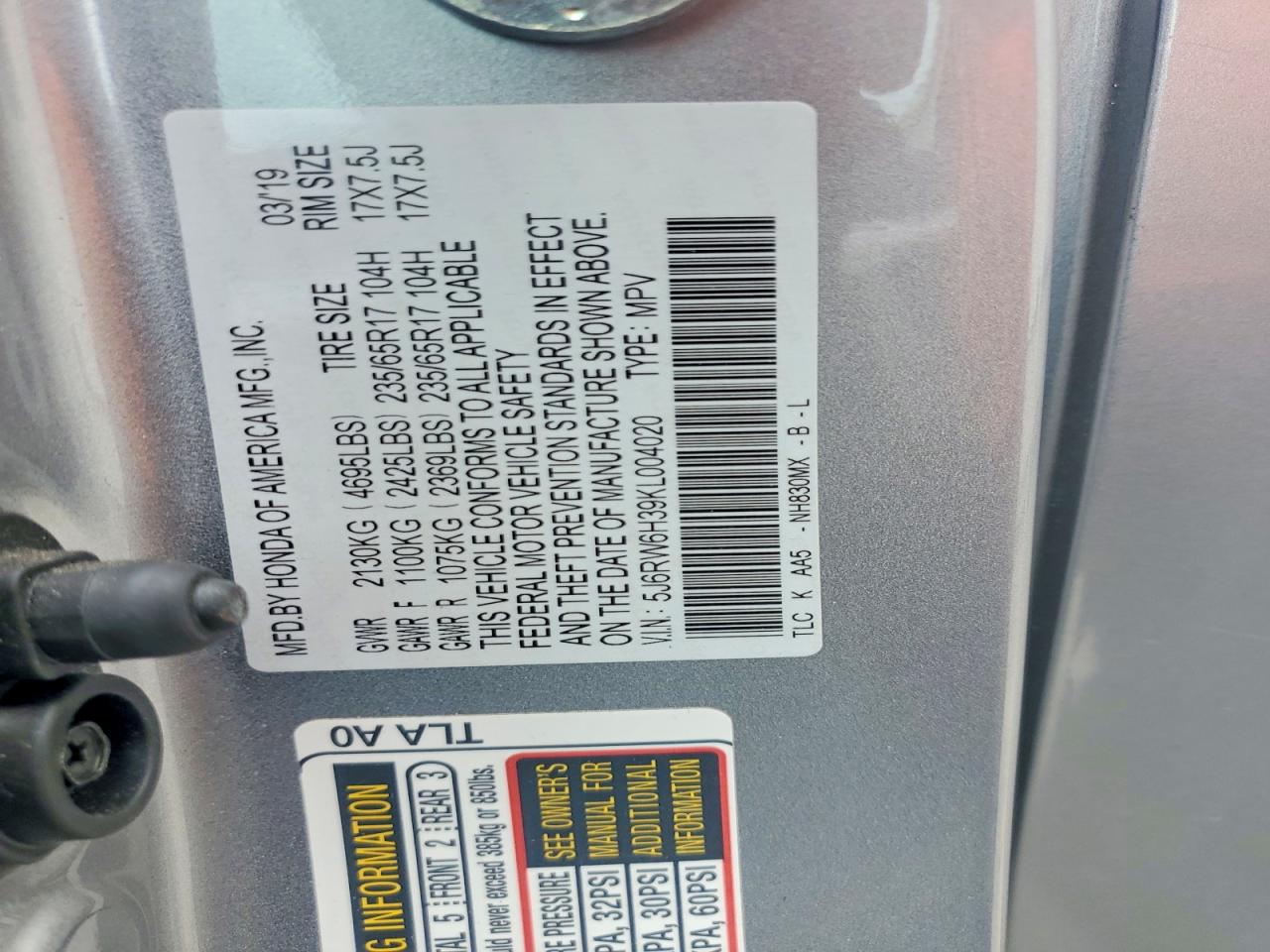 2019 Honda Cr-v Lx Silver vin: 5J6RW6H39KL004020