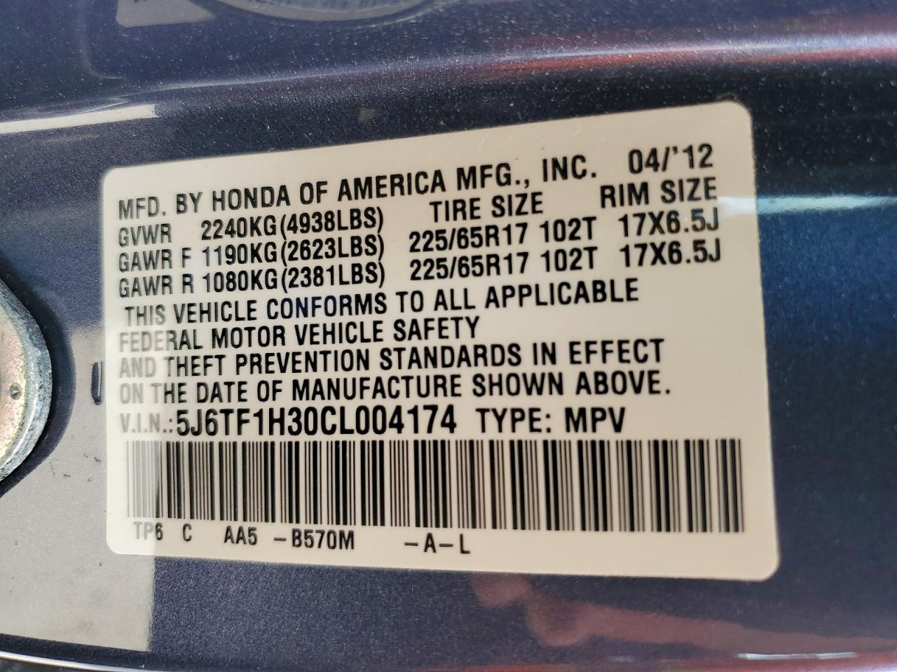 2012 Honda Crosstour Ex Blue vin: 5J6TF1H30CL004174