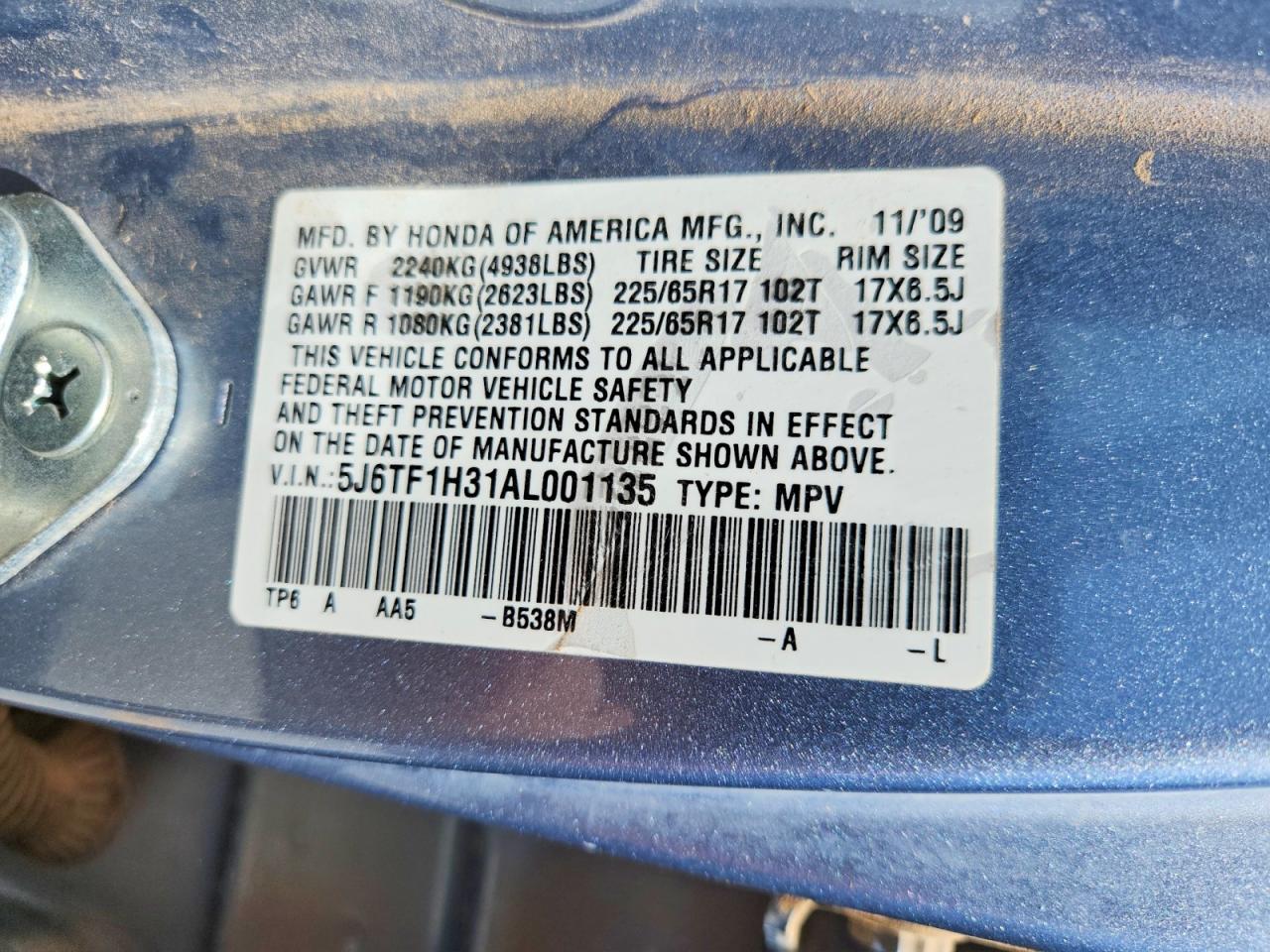 2010 Honda Accord Crosstour Ex Blue vin: 5J6TF1H31AL001135