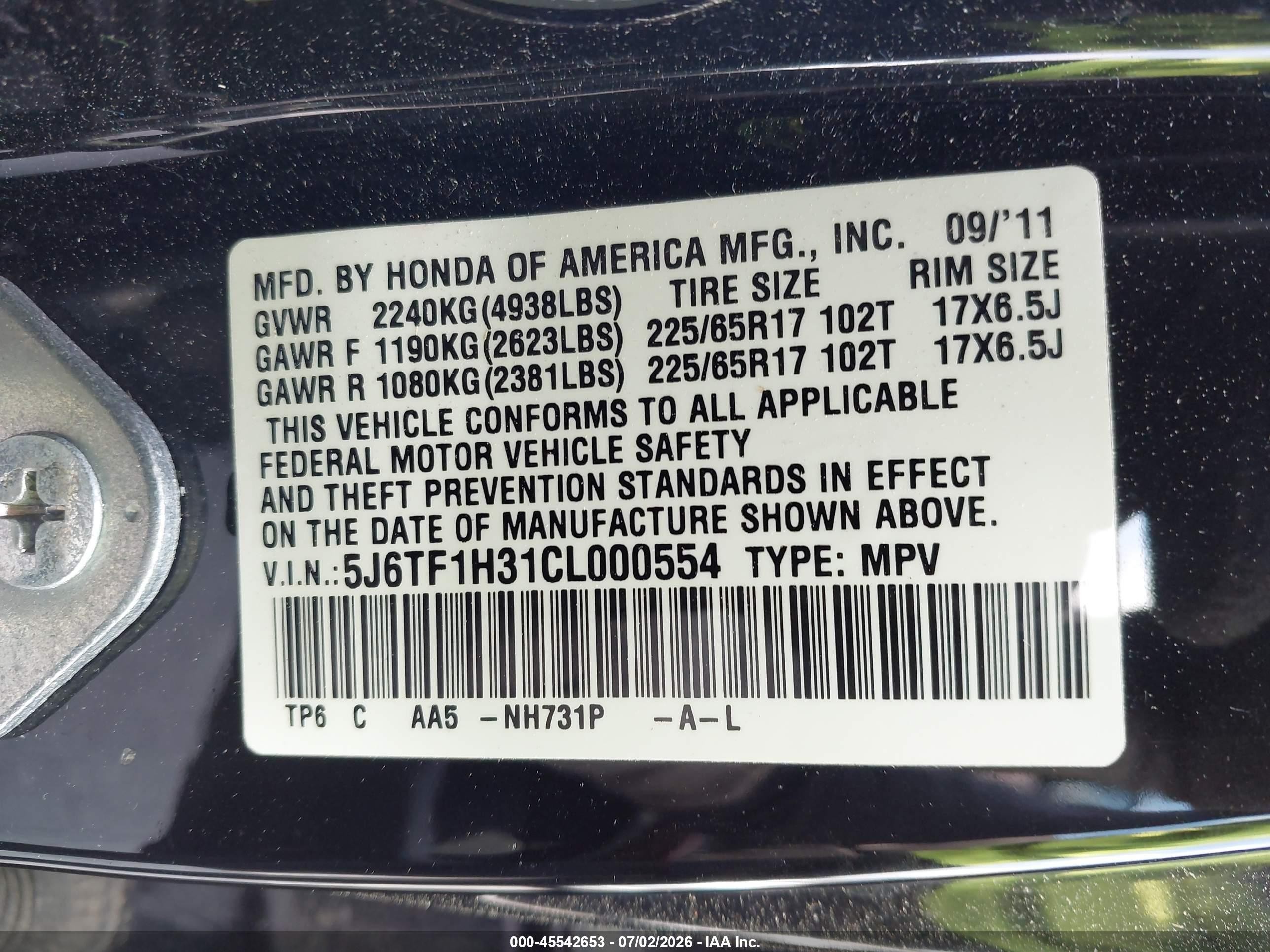 2012 Honda Crosstour Ex Black vin: 5J6TF1H31CL000554