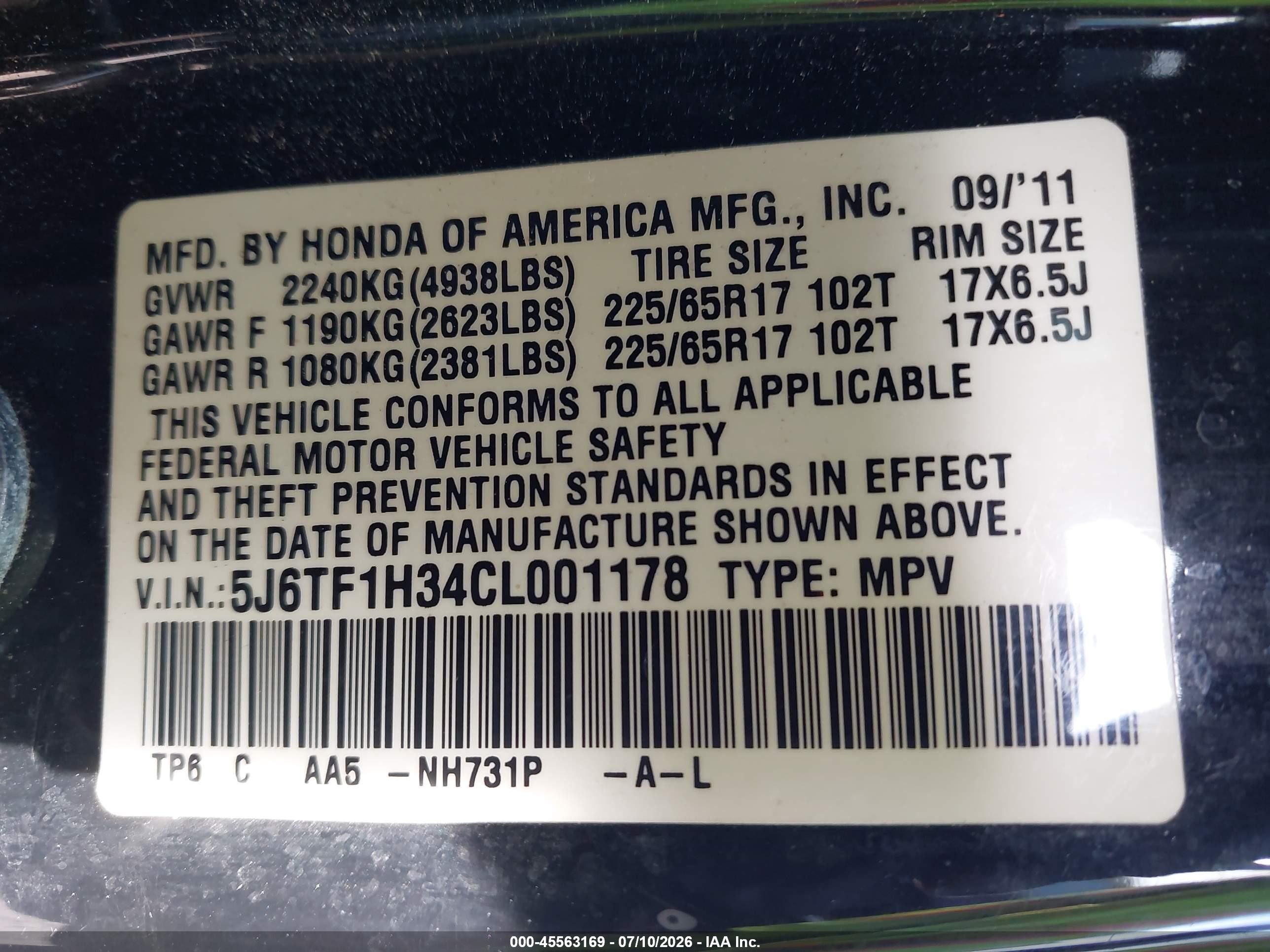 2012 Honda Crosstour Ex Black vin: 5J6TF1H34CL001178