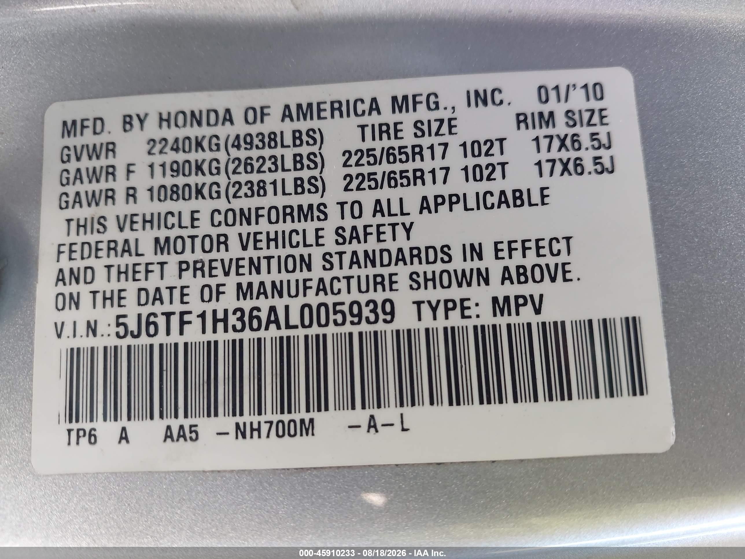 2010 Honda Accord Crosstour Ex Silver vin: 5J6TF1H36AL005939