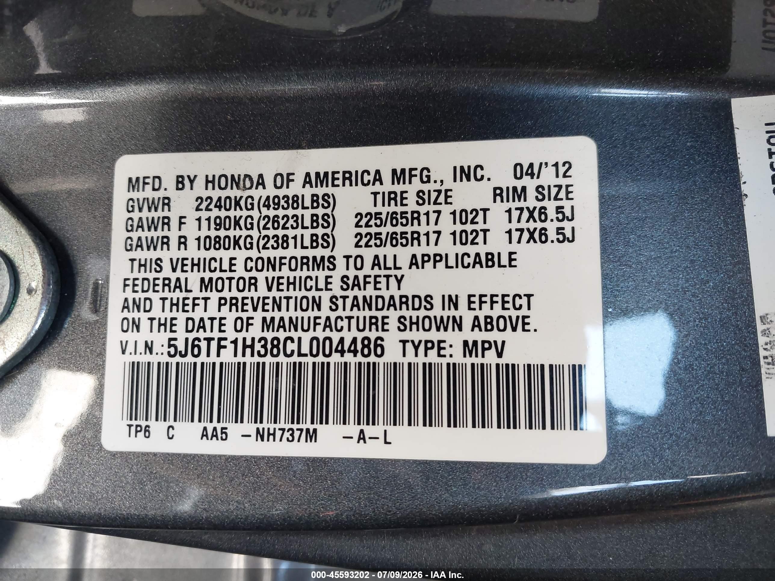 2012 Honda Crosstour Ex Серый vin: 5J6TF1H38CL004486