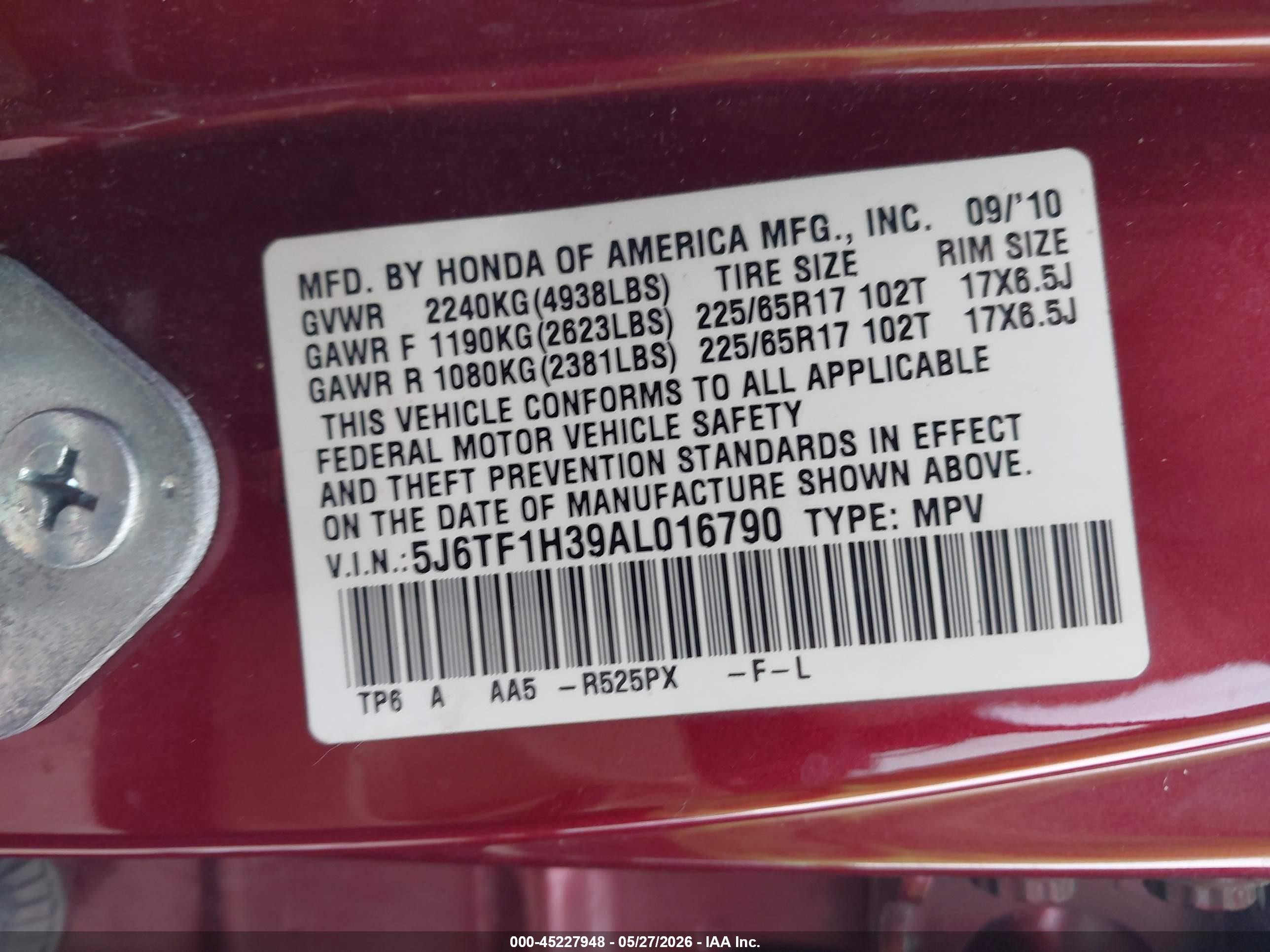 2010 Honda Accord Crosstour Ex Red vin: 5J6TF1H39AL016790