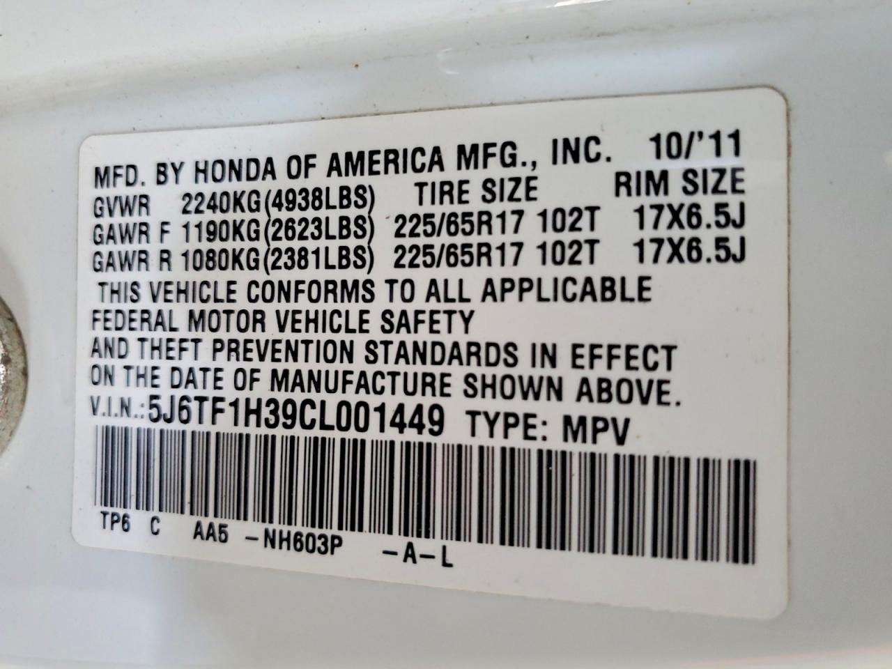 2012 Honda Crosstour Ex White vin: 5J6TF1H39CL001449
