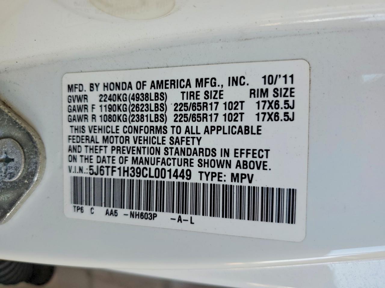 2012 Honda Crosstour Ex White vin: 5J6TF1H39CL001449