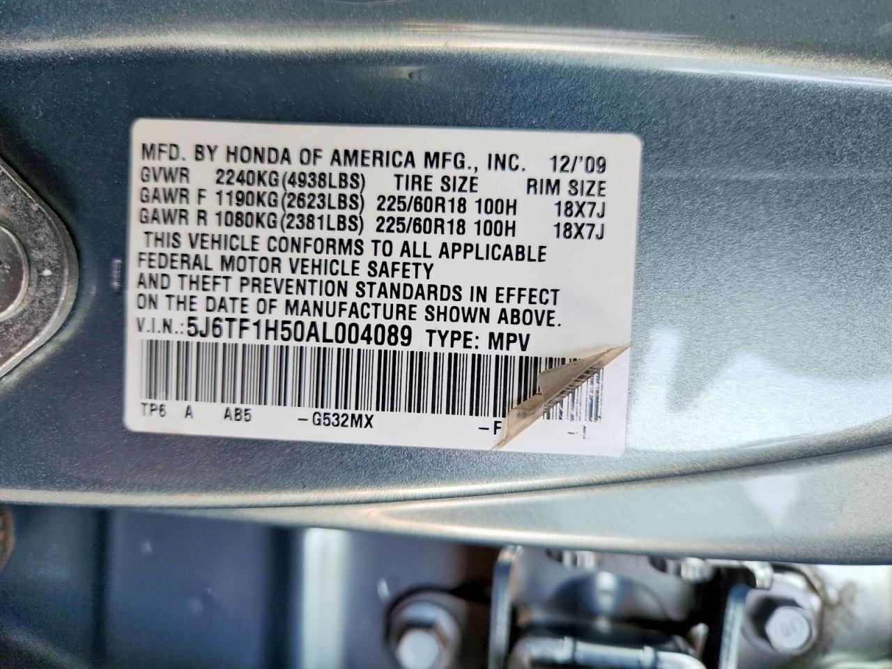 2010 Honda Accord Crosstour Exl Teal vin: 5J6TF1H50AL004089