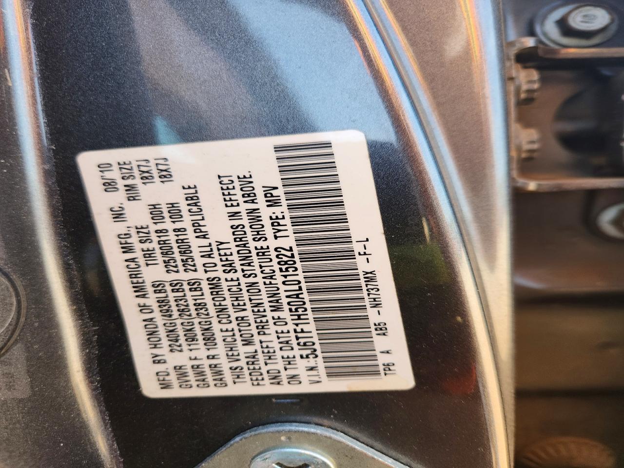 2010 Honda Accord Crosstour Exl Gray vin: 5J6TF1H50AL015822