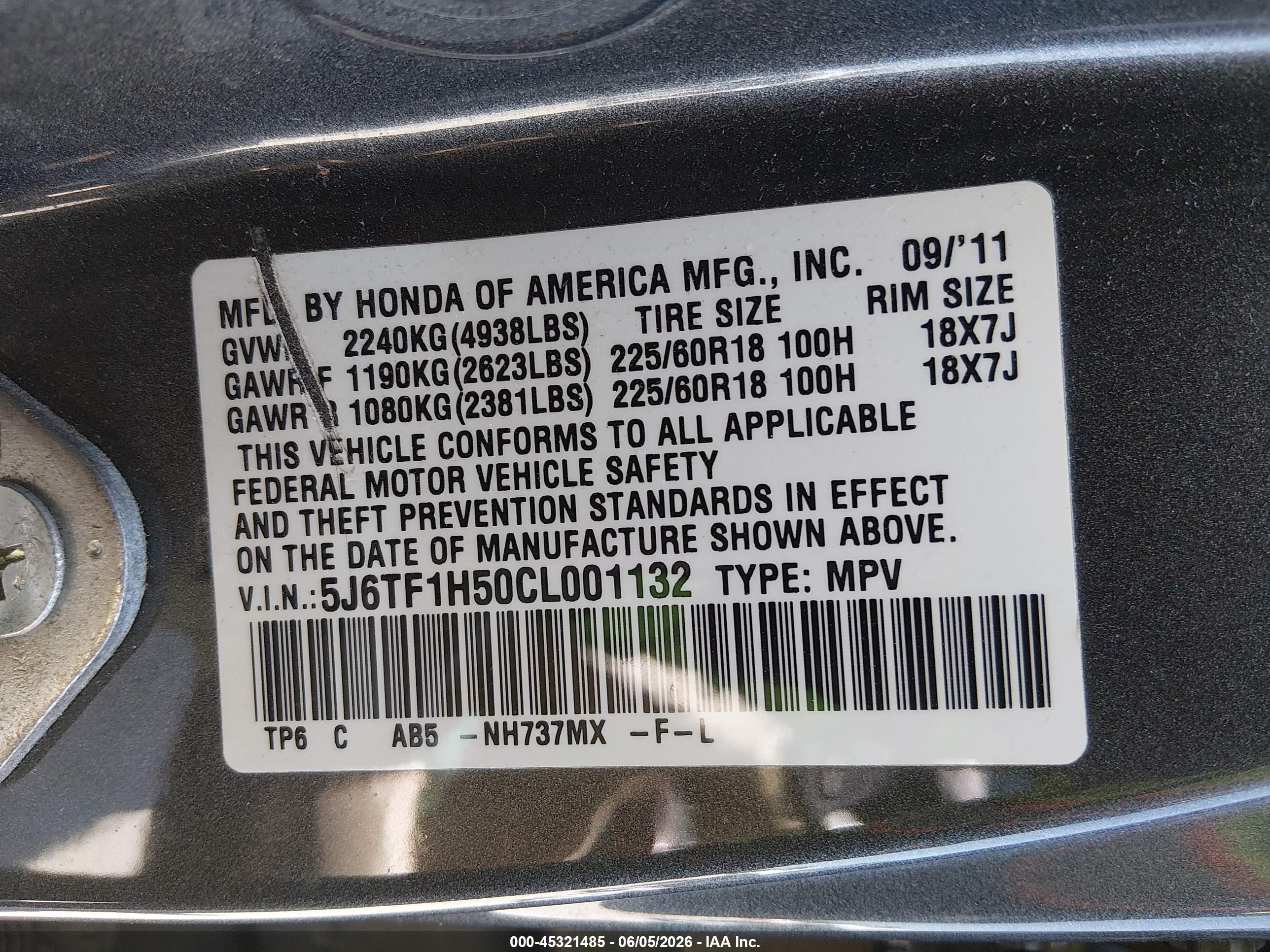 2012 Honda Crosstour Ex-l Gray vin: 5J6TF1H50CL001132