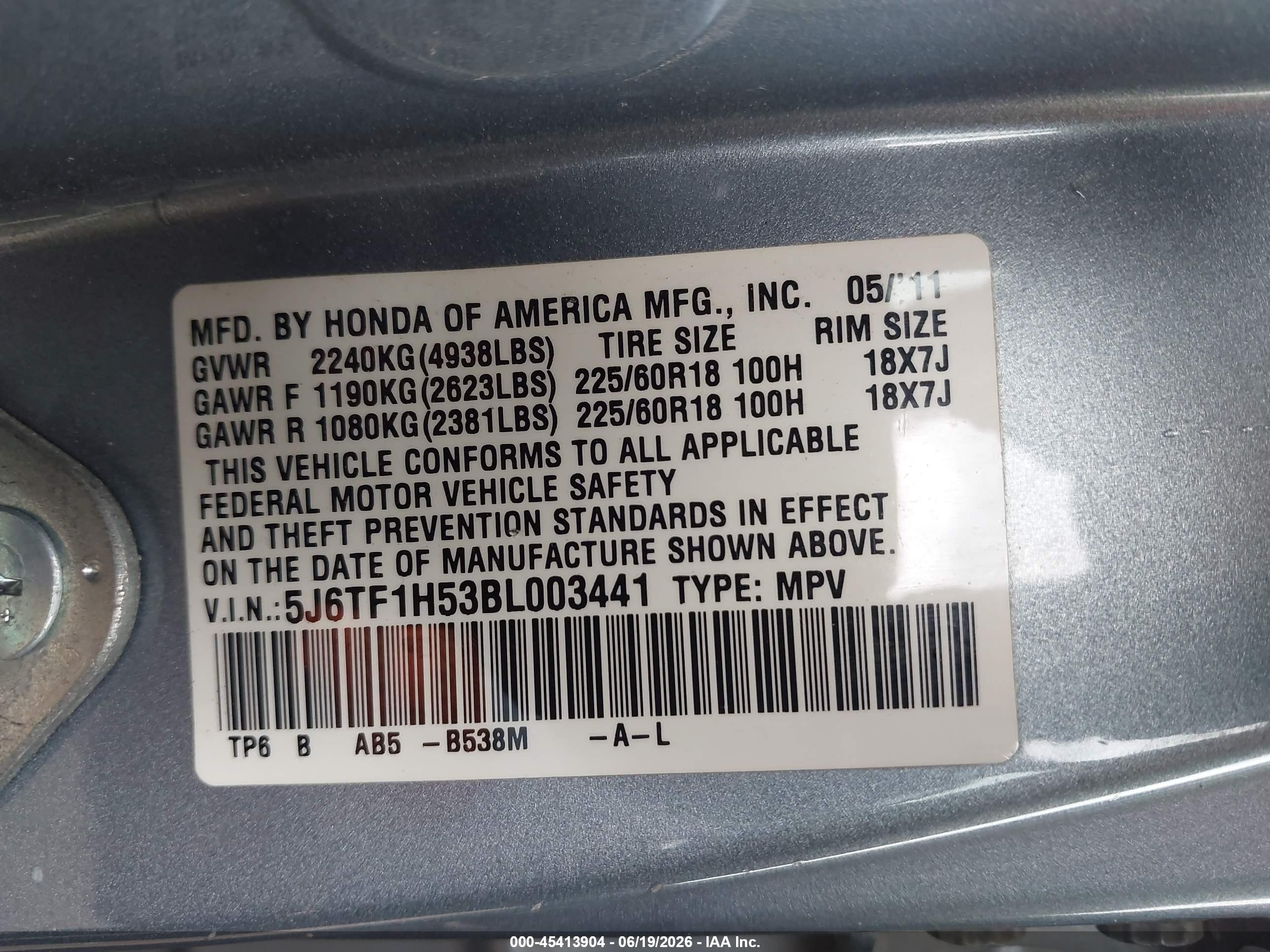 2011 Honda Accord Crosstour Ex-l Blue vin: 5J6TF1H53BL003441