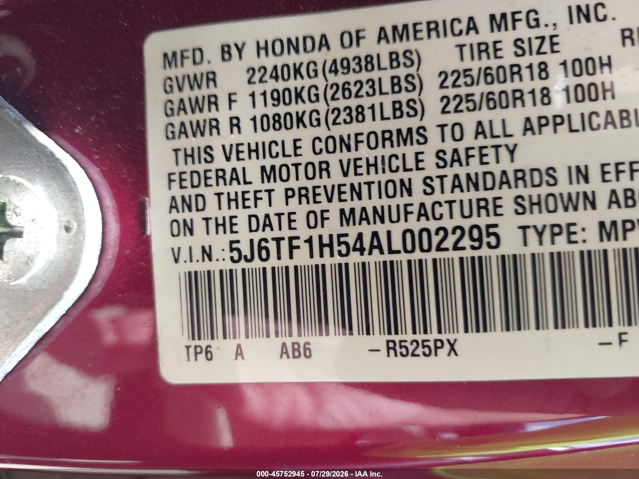 2010 Honda Accord Crosstour Ex-l Maroon vin: 5J6TF1H54AL002295
