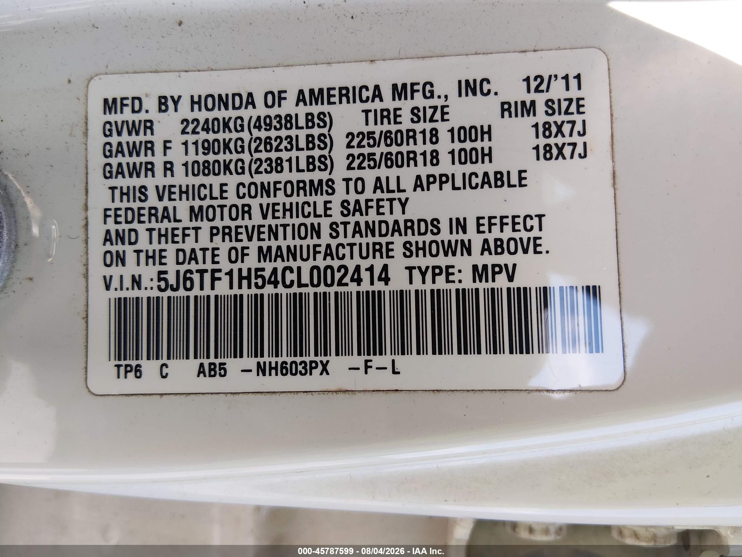 2012 Honda Crosstour Ex-l White vin: 5J6TF1H54CL002414