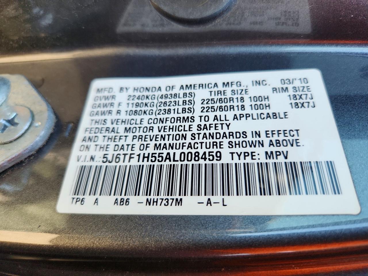 2010 Honda Accord Crosstour Gray vin: 5J6TF1H55AL008459