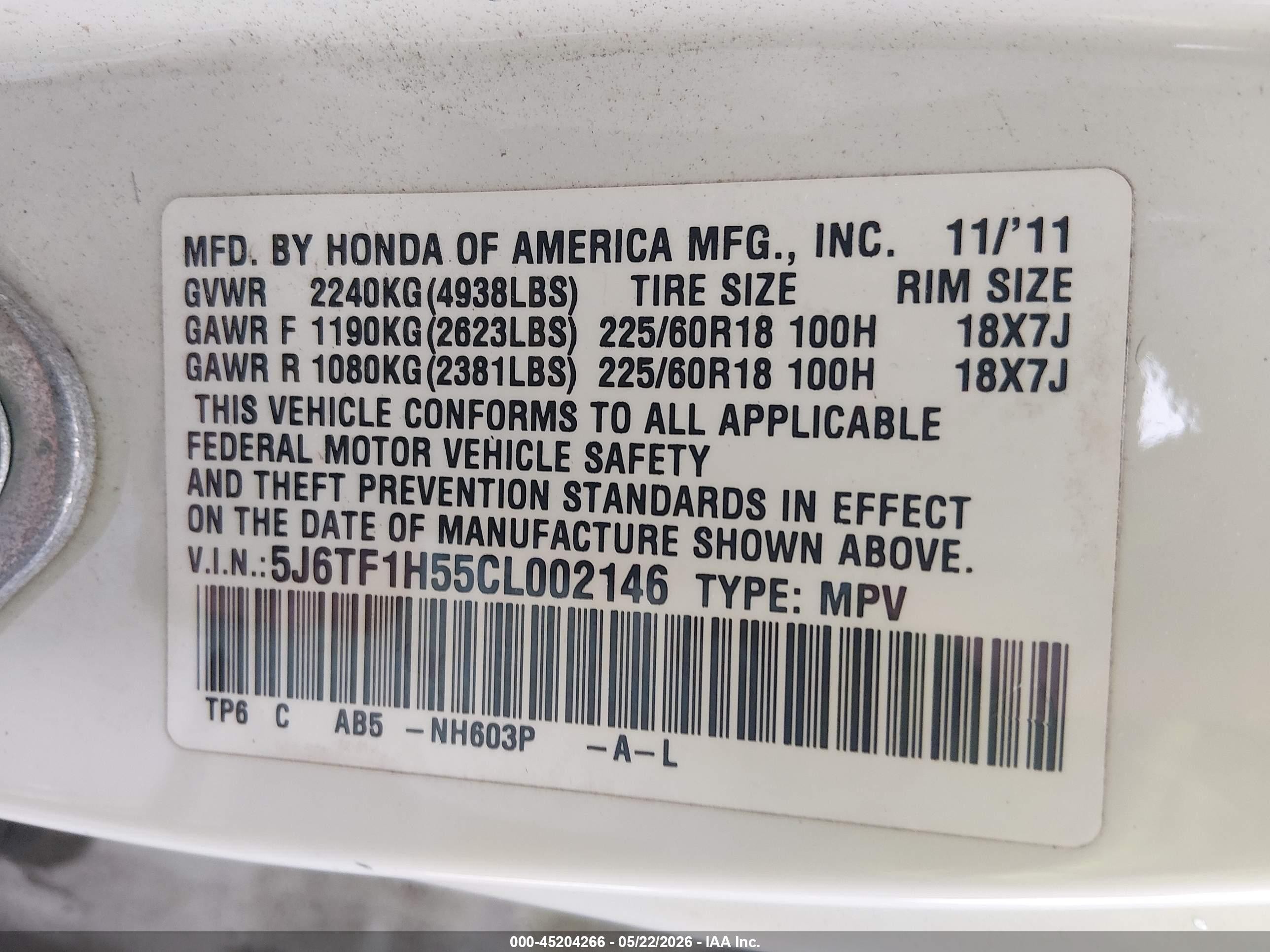 2012 Honda Crosstour Ex-l White vin: 5J6TF1H55CL002146