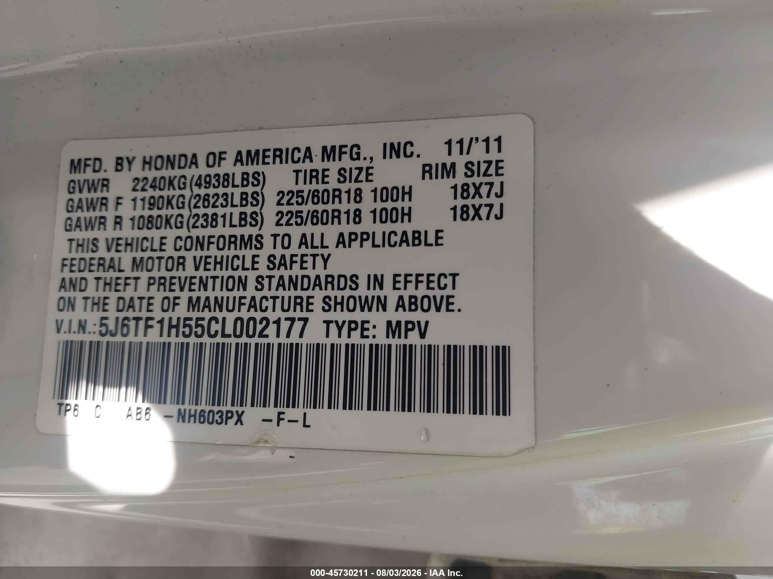 2012 Honda Crosstour Ex-l White vin: 5J6TF1H55CL002177