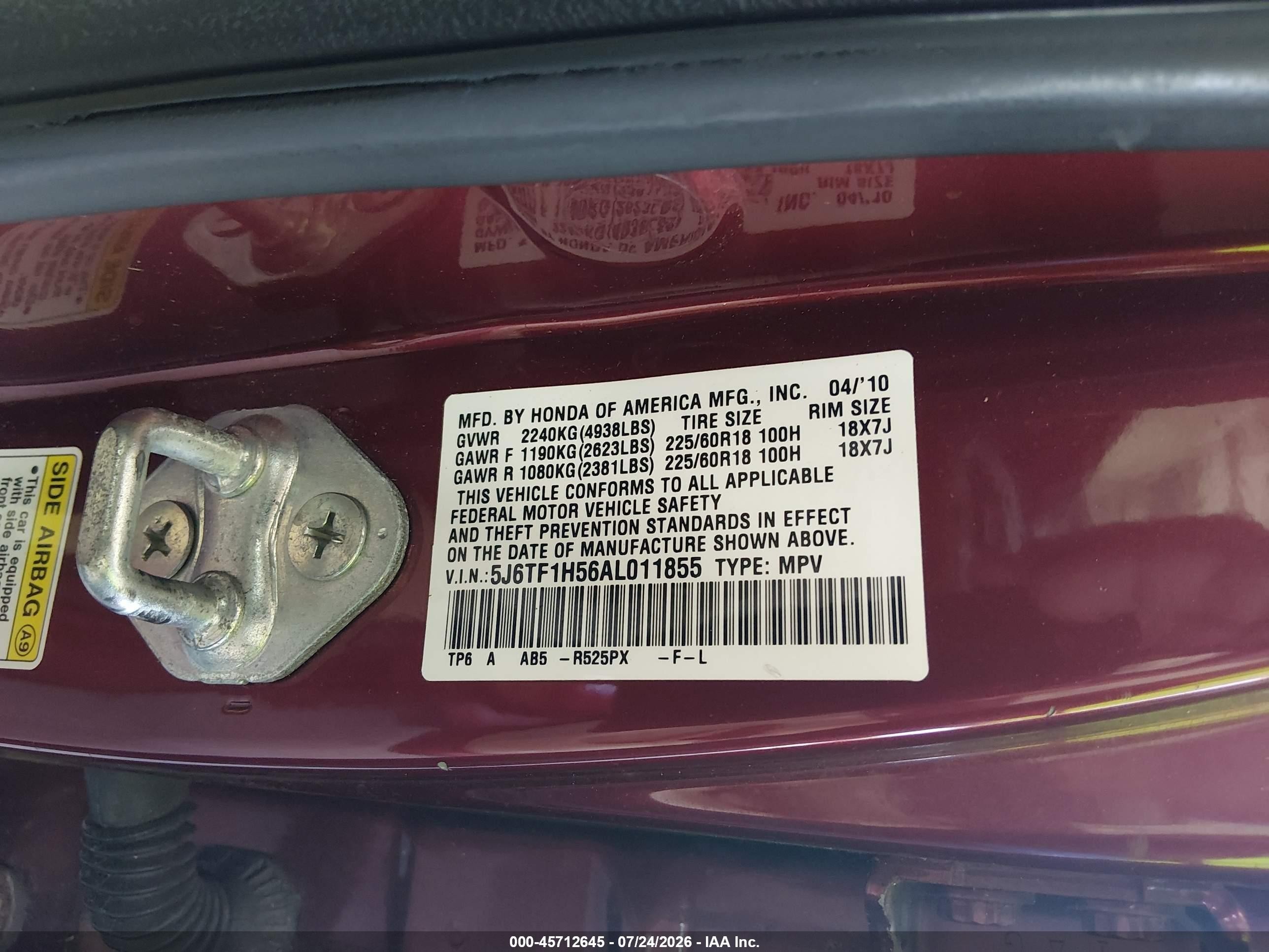 2010 Honda Accord Crosstour Ex-l Burgundy vin: 5J6TF1H56AL011855