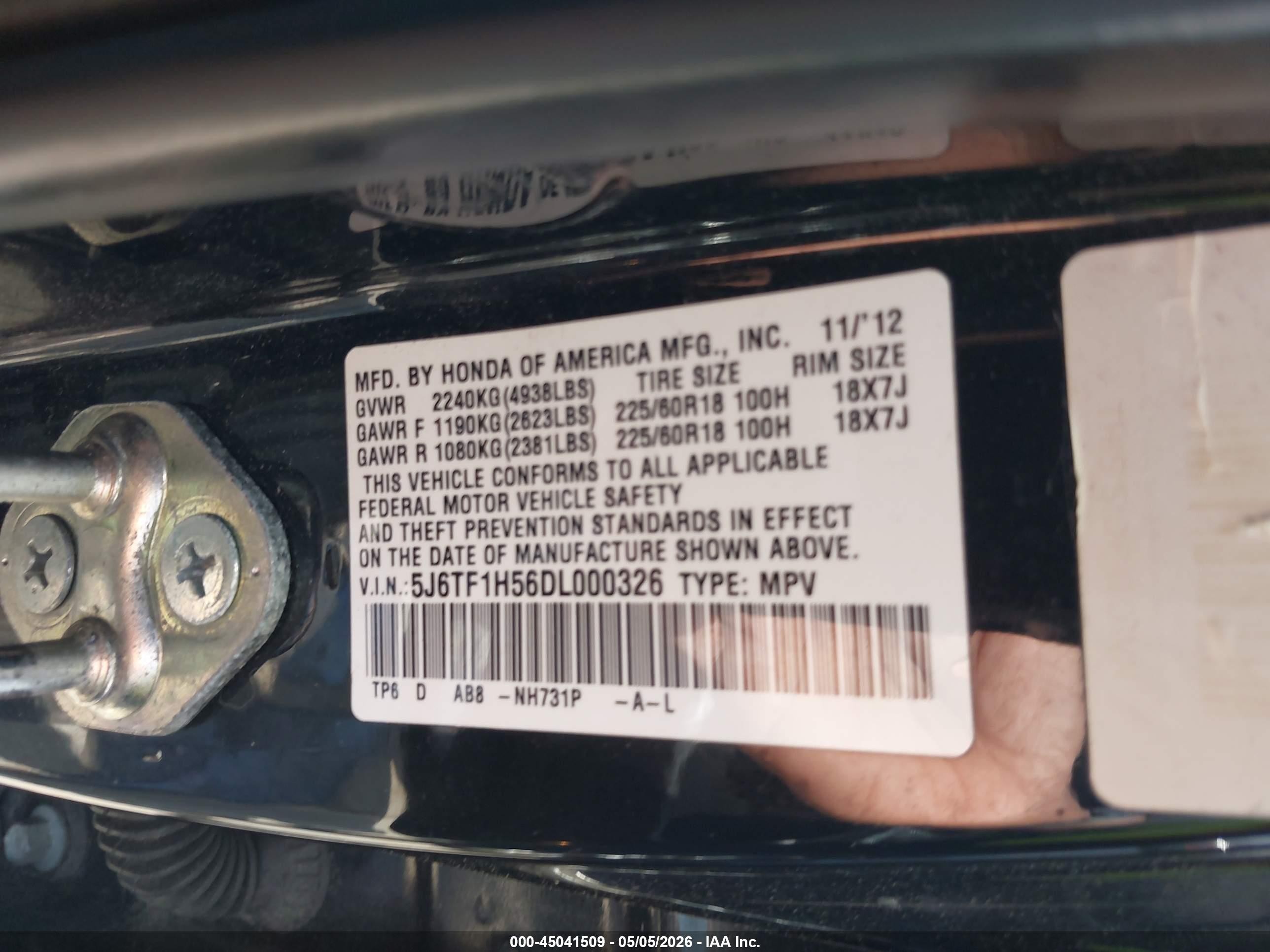 2013 Honda Crosstour Ex-l V6 Черный vin: 5J6TF1H56DL000326