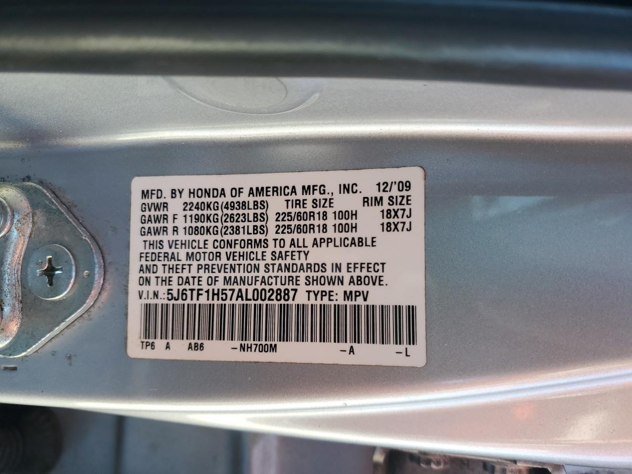 2010 Honda Crosstour Silver vin: 5J6TF1H57AL002887
