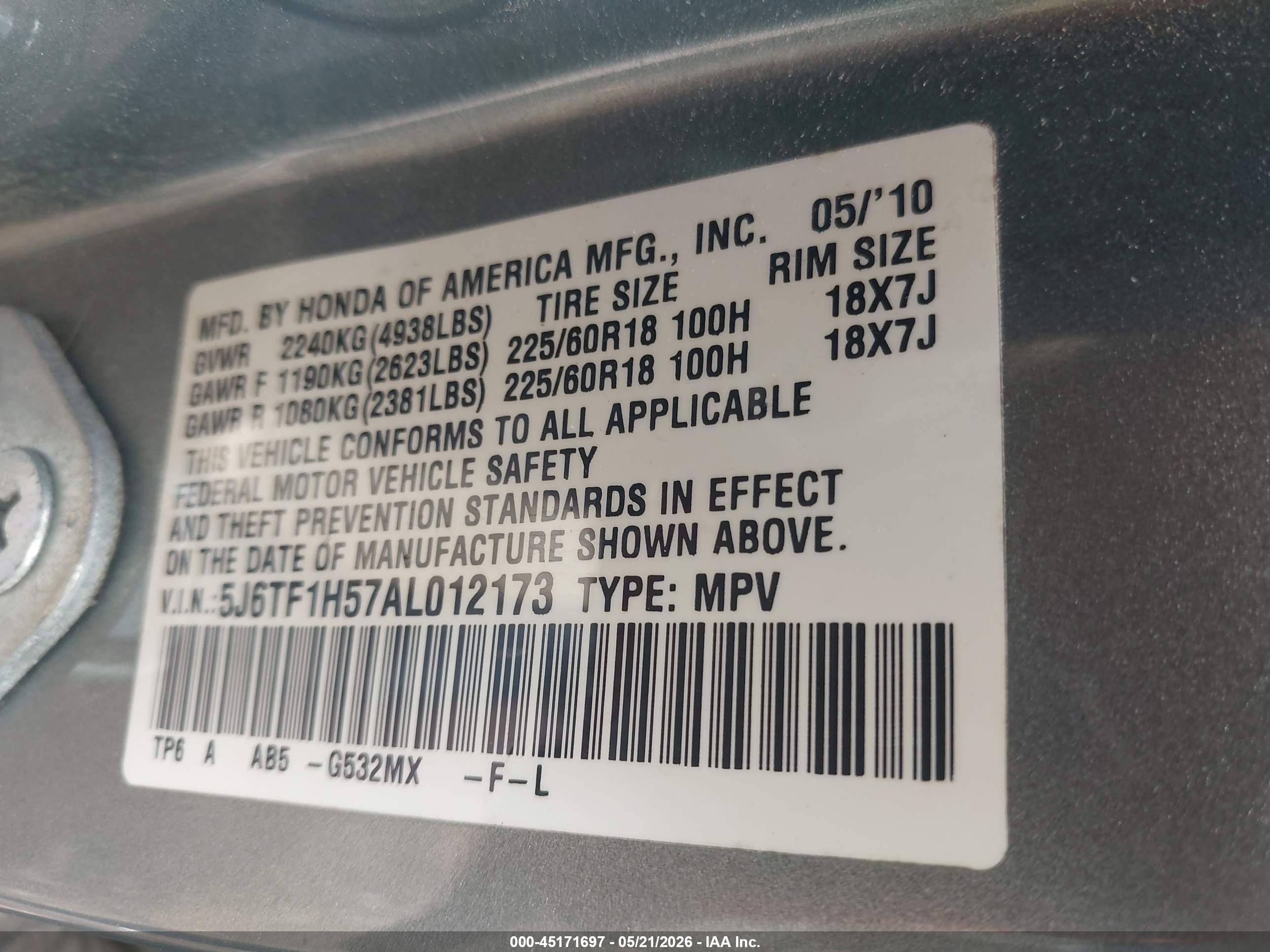 2010 Honda Accord Crosstour Ex-l Gray vin: 5J6TF1H57AL012173