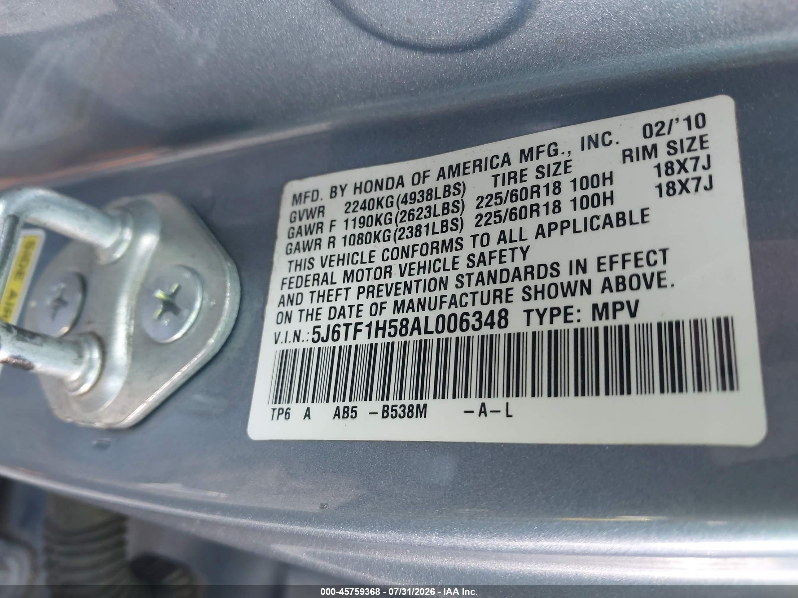 2010 Honda Accord Crosstour Ex-l Blue vin: 5J6TF1H58AL006348