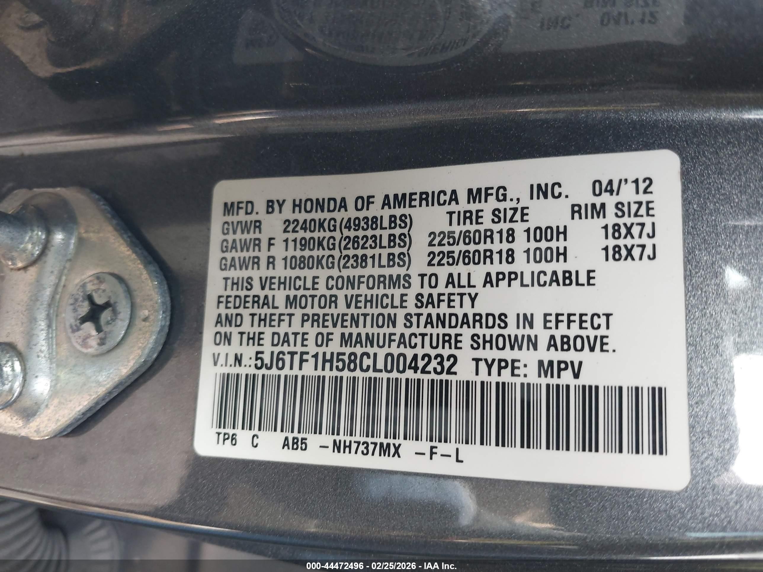 2012 Honda Crosstour Ex-l Gray vin: 5J6TF1H58CL004232