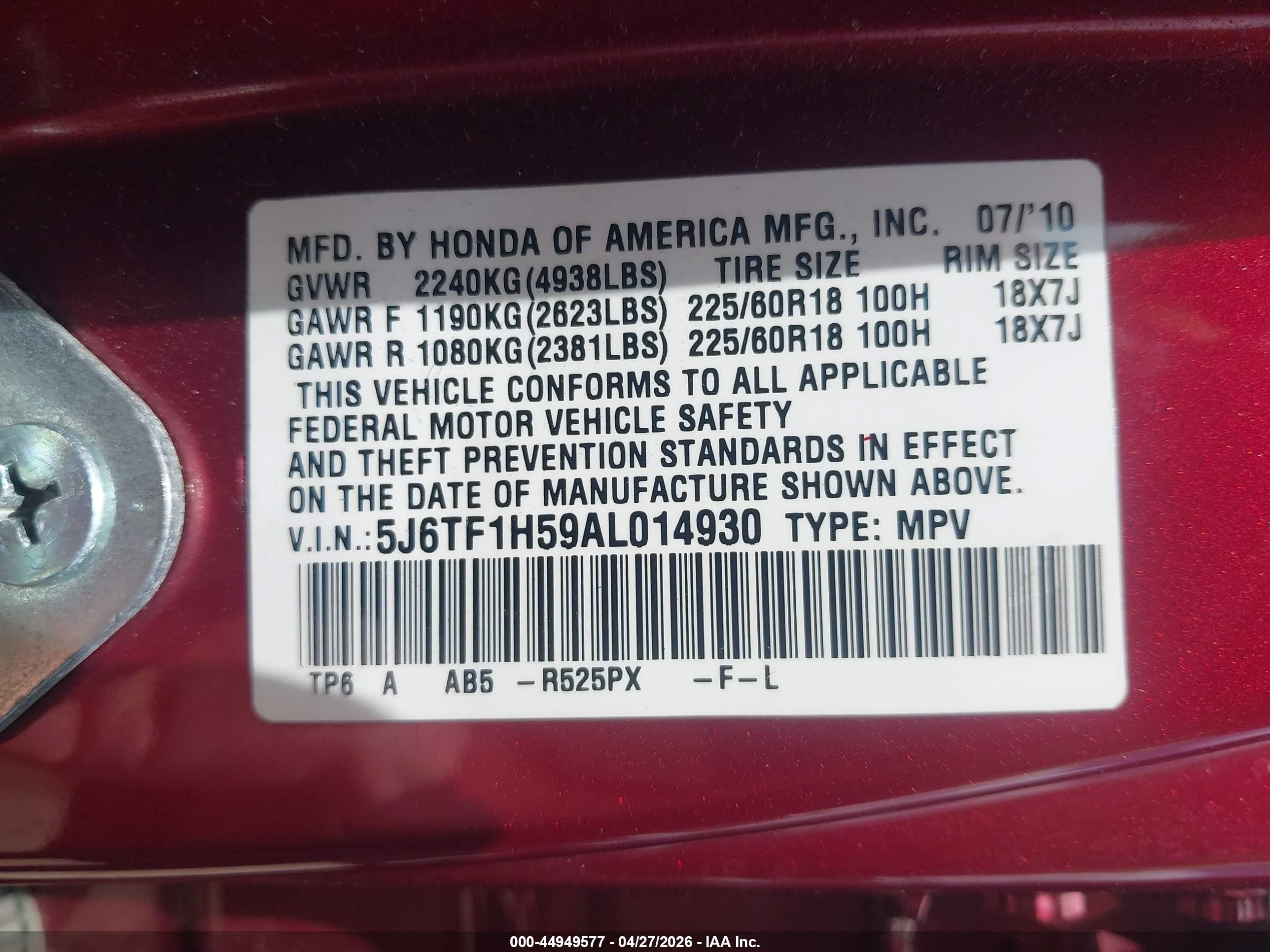 2010 Honda Accord Crosstour Ex-l Red vin: 5J6TF1H59AL014930
