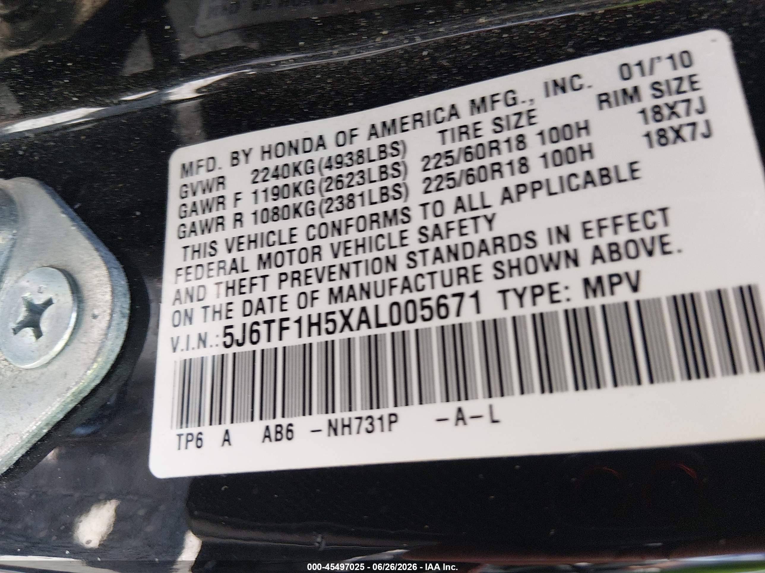 2010 Honda Accord Crosstour Ex-l Black vin: 5J6TF1H5XAL005671