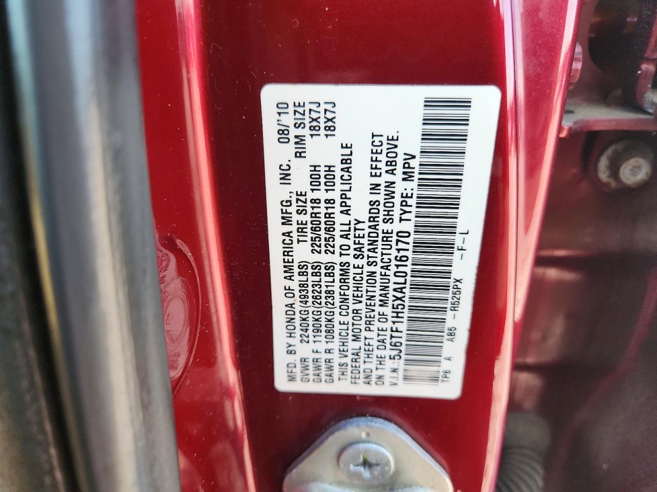 2010 Honda Accord Crosstour Exl Maroon vin: 5J6TF1H5XAL016170