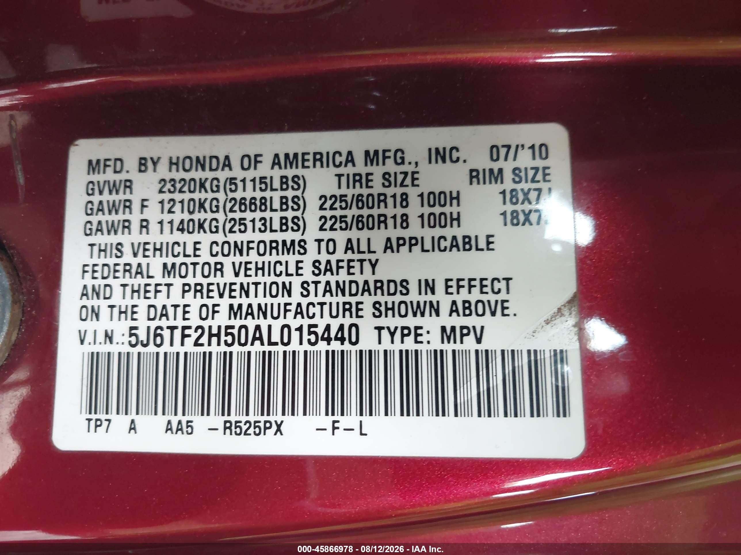 2010 Honda Accord Crosstour Ex-l Maroon vin: 5J6TF2H50AL015440