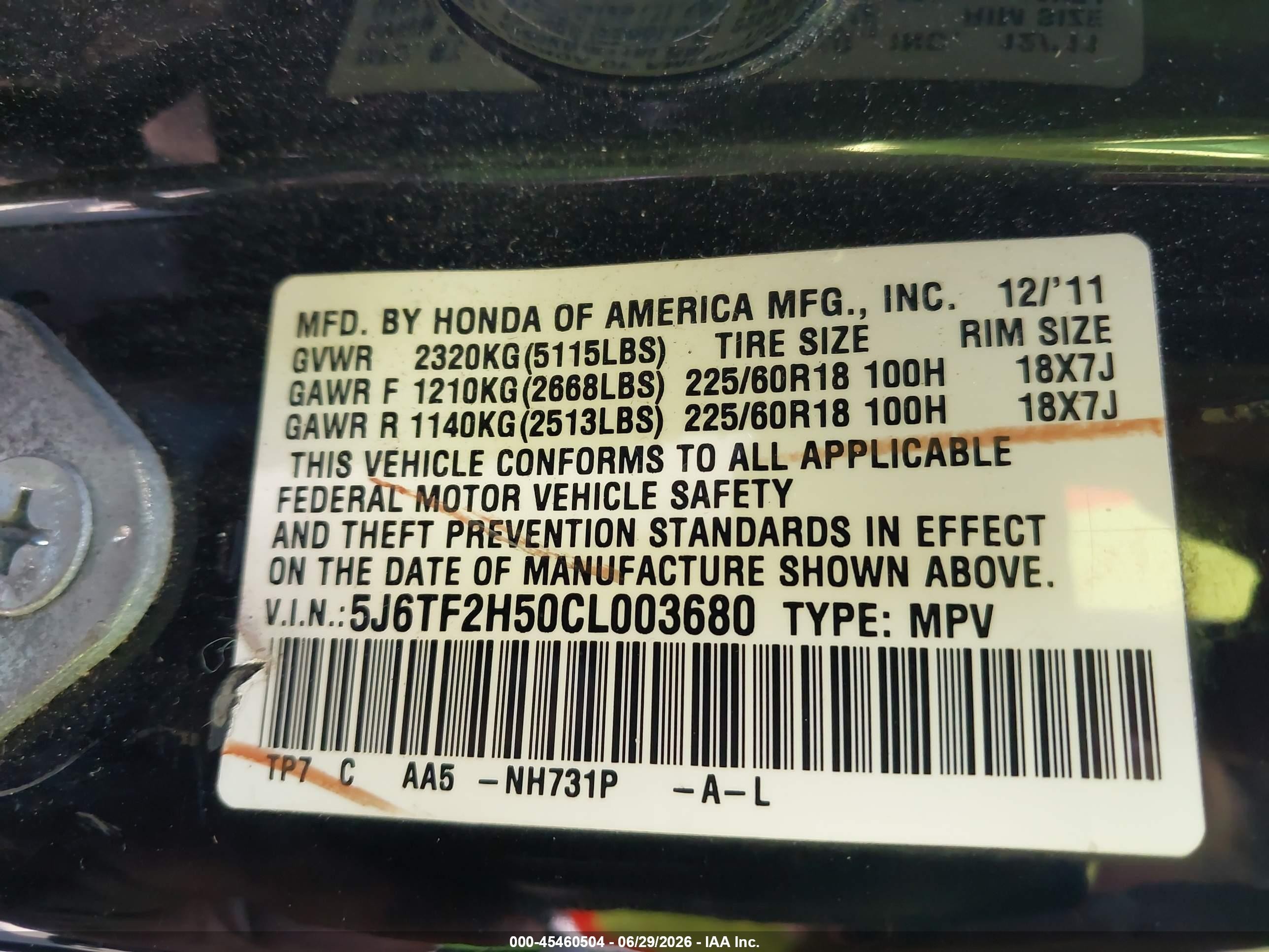 2012 Honda Crosstour Ex-l Black vin: 5J6TF2H50CL003680