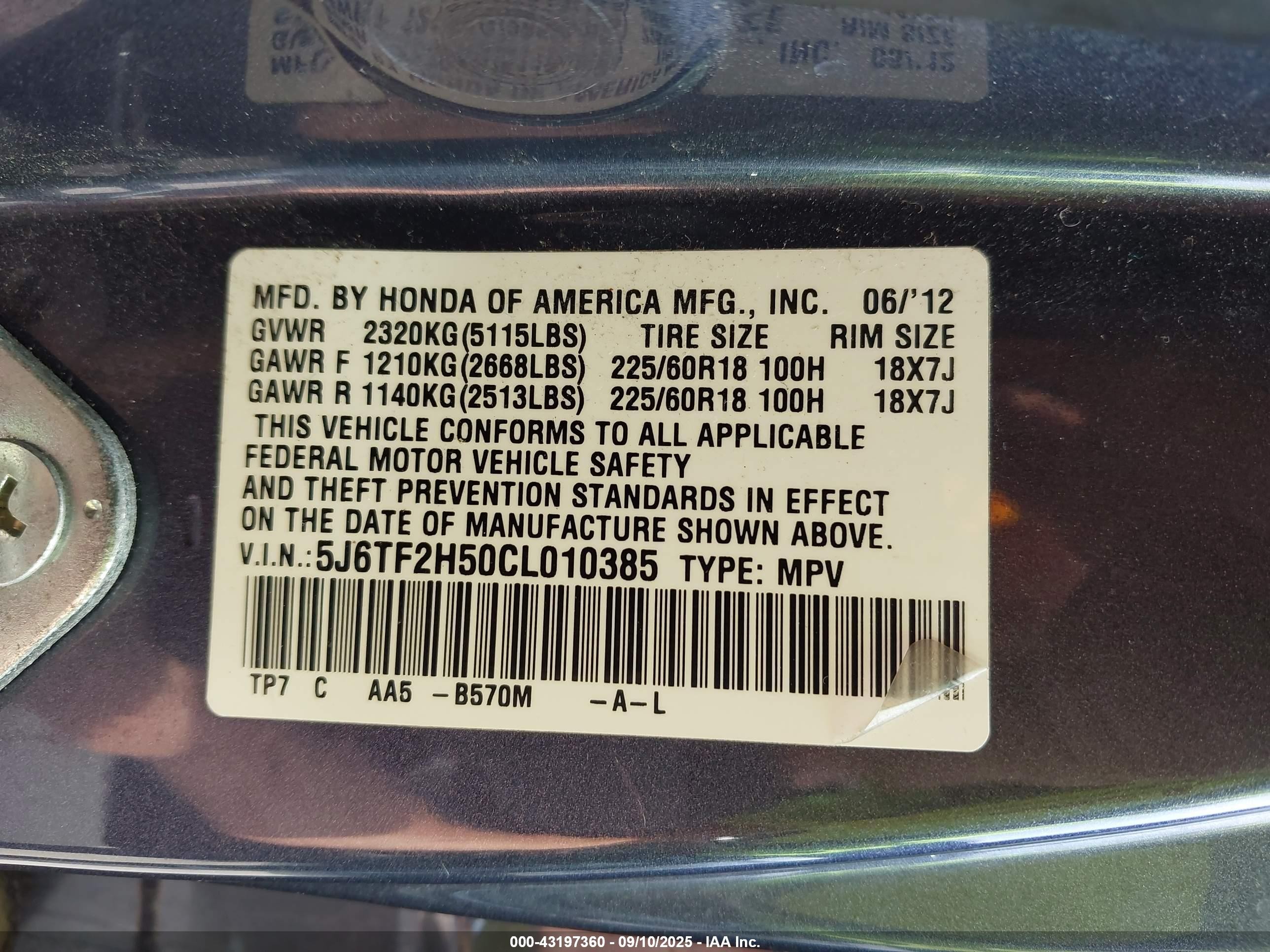 2012 Honda Crosstour Ex-l Blue vin: 5J6TF2H50CL010385