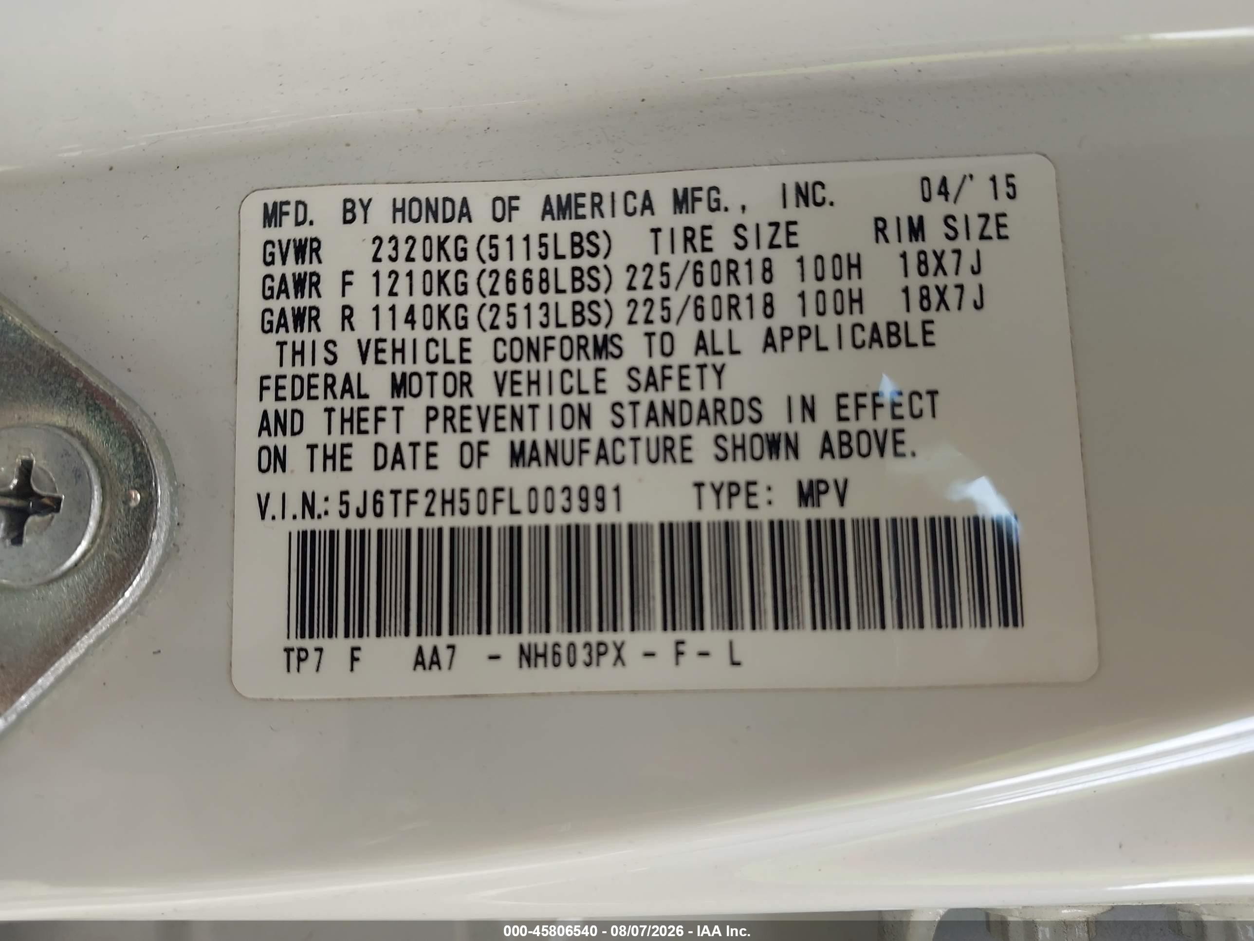 2015 Honda Crosstour Ex-l V6 White vin: 5J6TF2H50FL003991