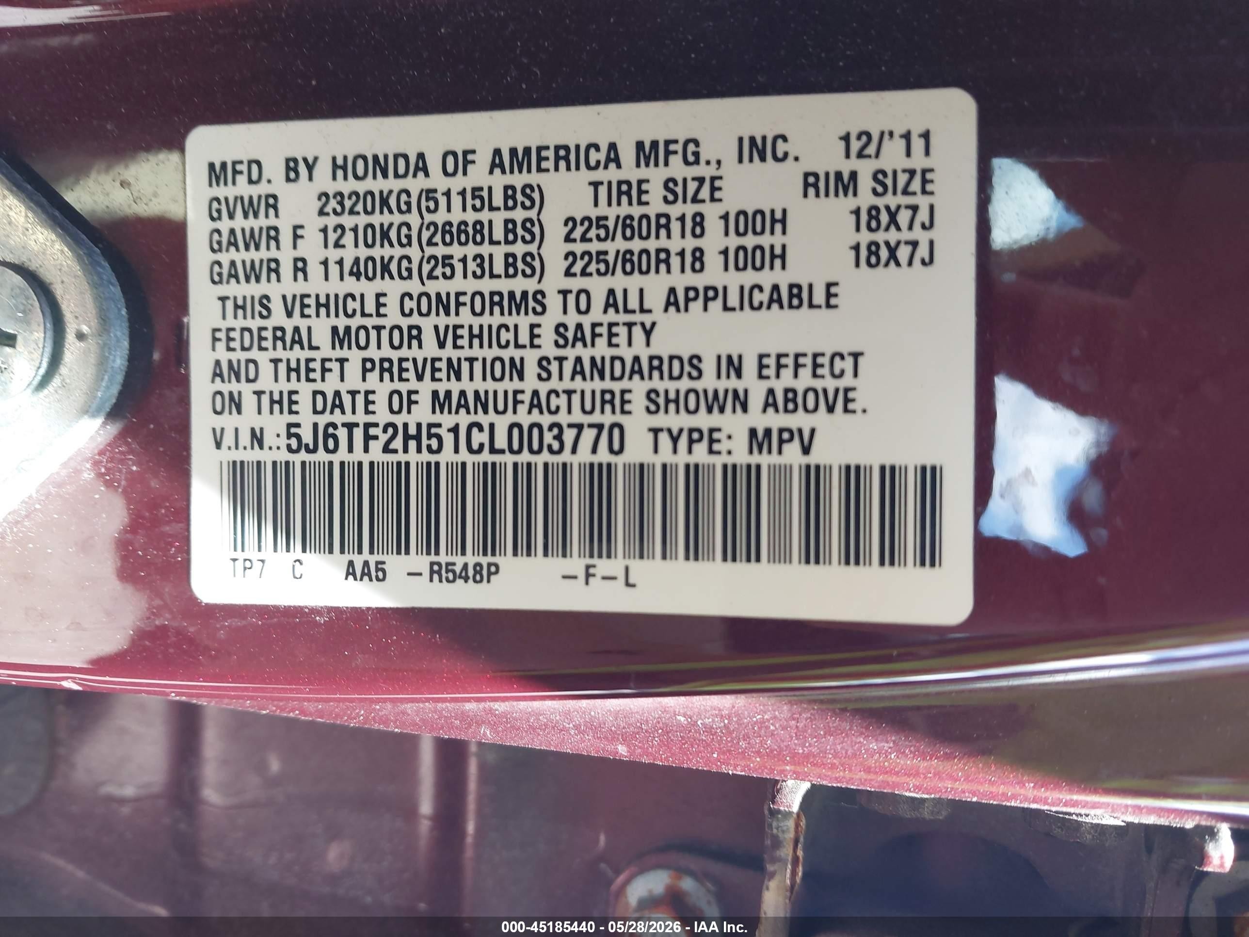 2012 Honda Crosstour Ex-l Maroon vin: 5J6TF2H51CL003770