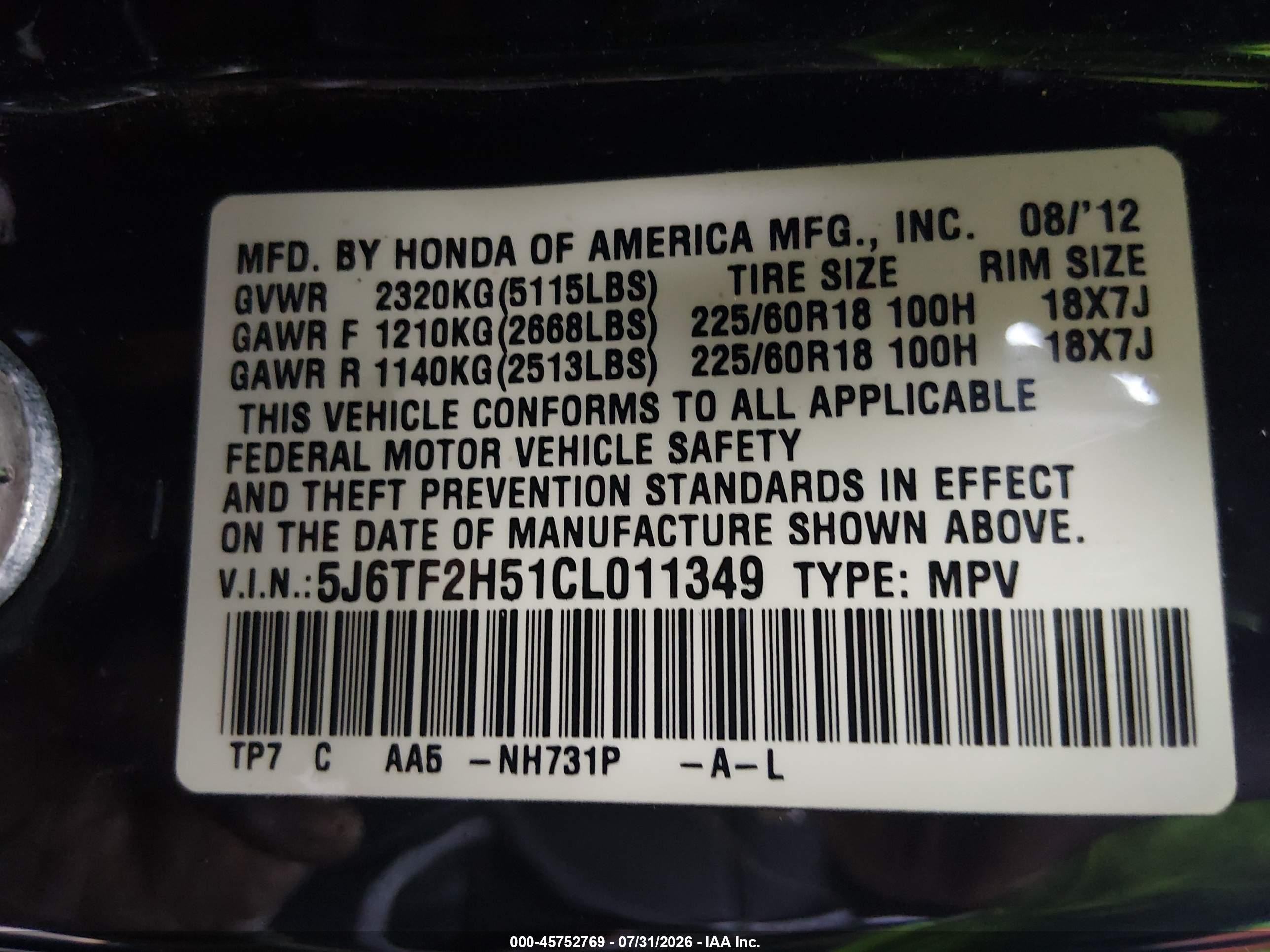 2012 Honda Crosstour Ex-l Black vin: 5J6TF2H51CL011349