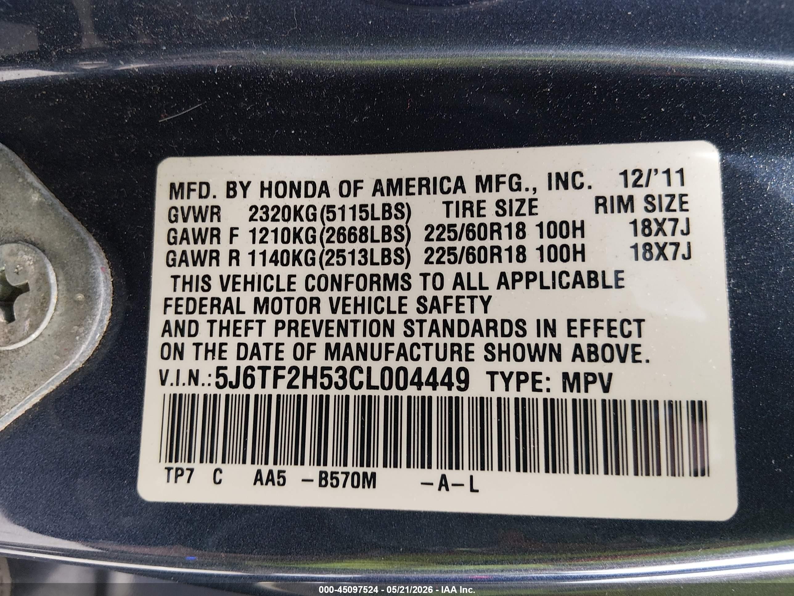 2012 Honda Crosstour Ex-l Blue vin: 5J6TF2H53CL004449